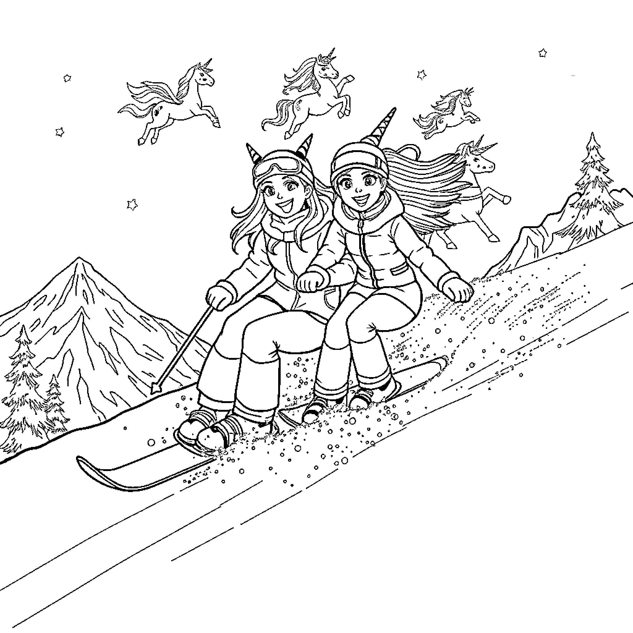 Victoria Monet's Snowy Winter Adventure with Unicorns Coloring Page (free black-and-white line drawing printable PDF for all, from beginners to advanced learners, including children, teens, adults, and seniors)