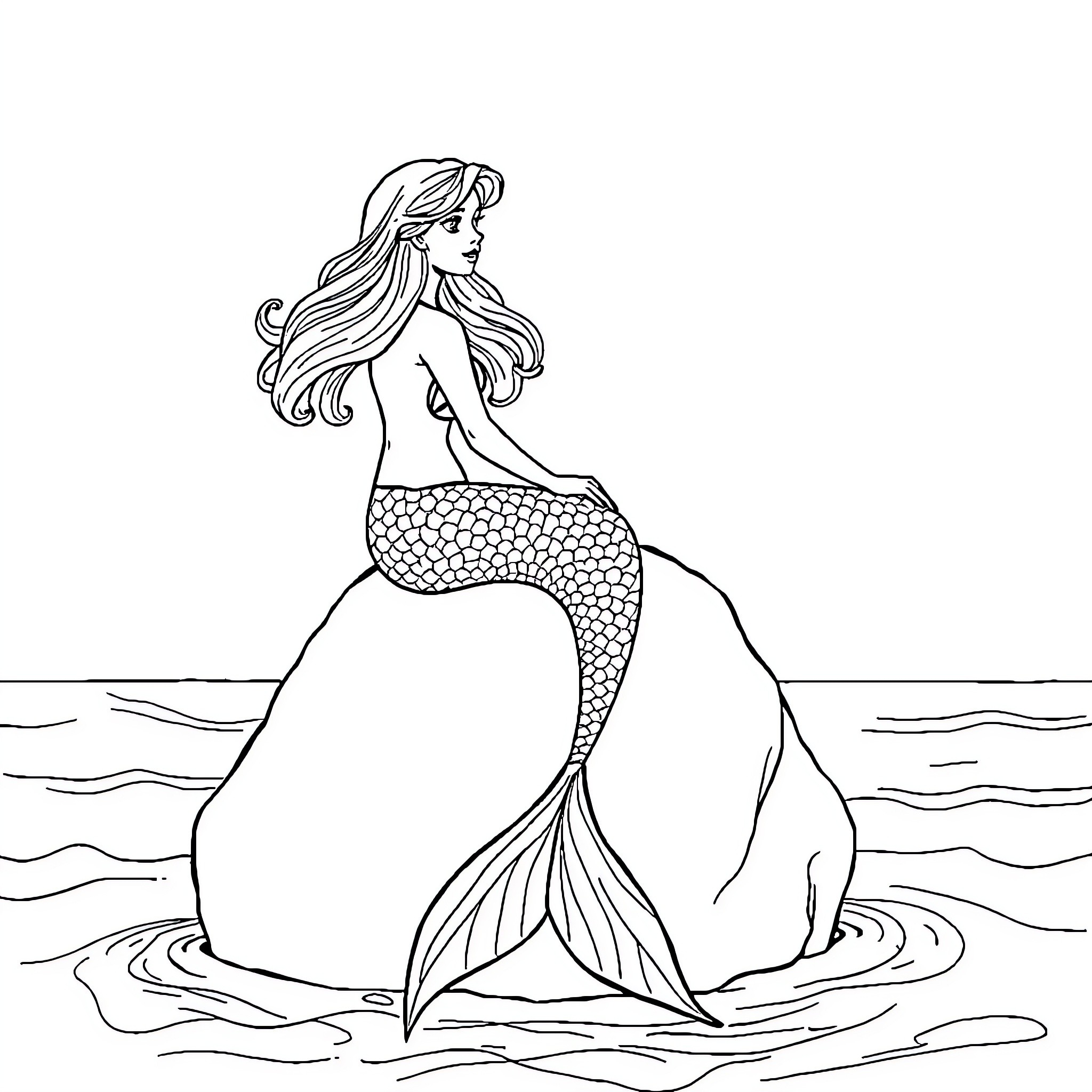 Mermaid gazing upon the ocean waves Coloring Page (free black-and-white line drawing printable PDF for all, from beginners to advanced learners, including children, teens, adults, and seniors)