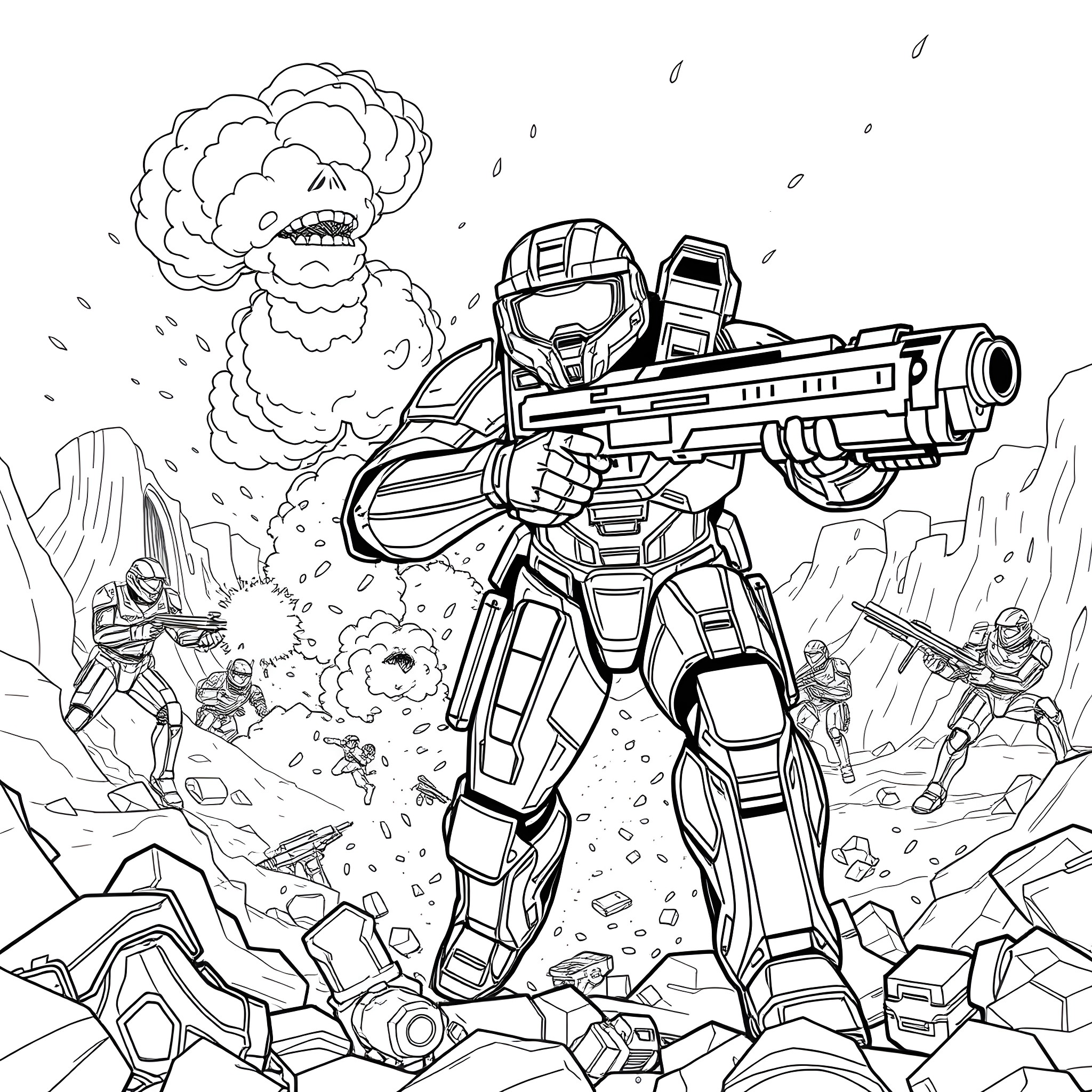 Master Chief Unleashing Explosive Combat on the Battlefield Coloring Page (free black-and-white line drawing printable PDF for all, from beginners to advanced learners, including children, teens, adults, and seniors)