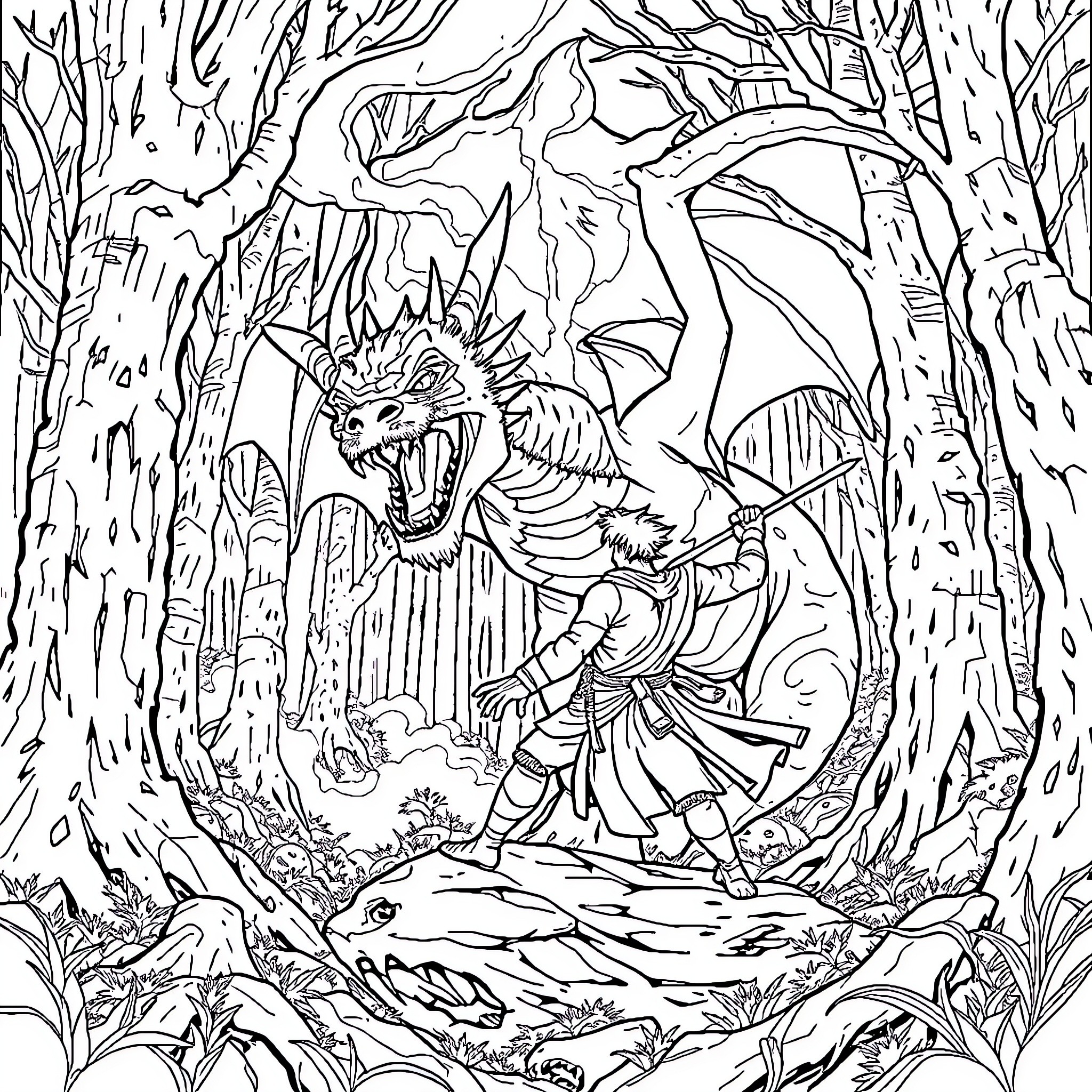 Man battling a fierce dragon in a dark forest Coloring Page (free black-and-white line drawing printable PDF for all, from beginners to advanced learners, including children, teens, adults, and seniors)