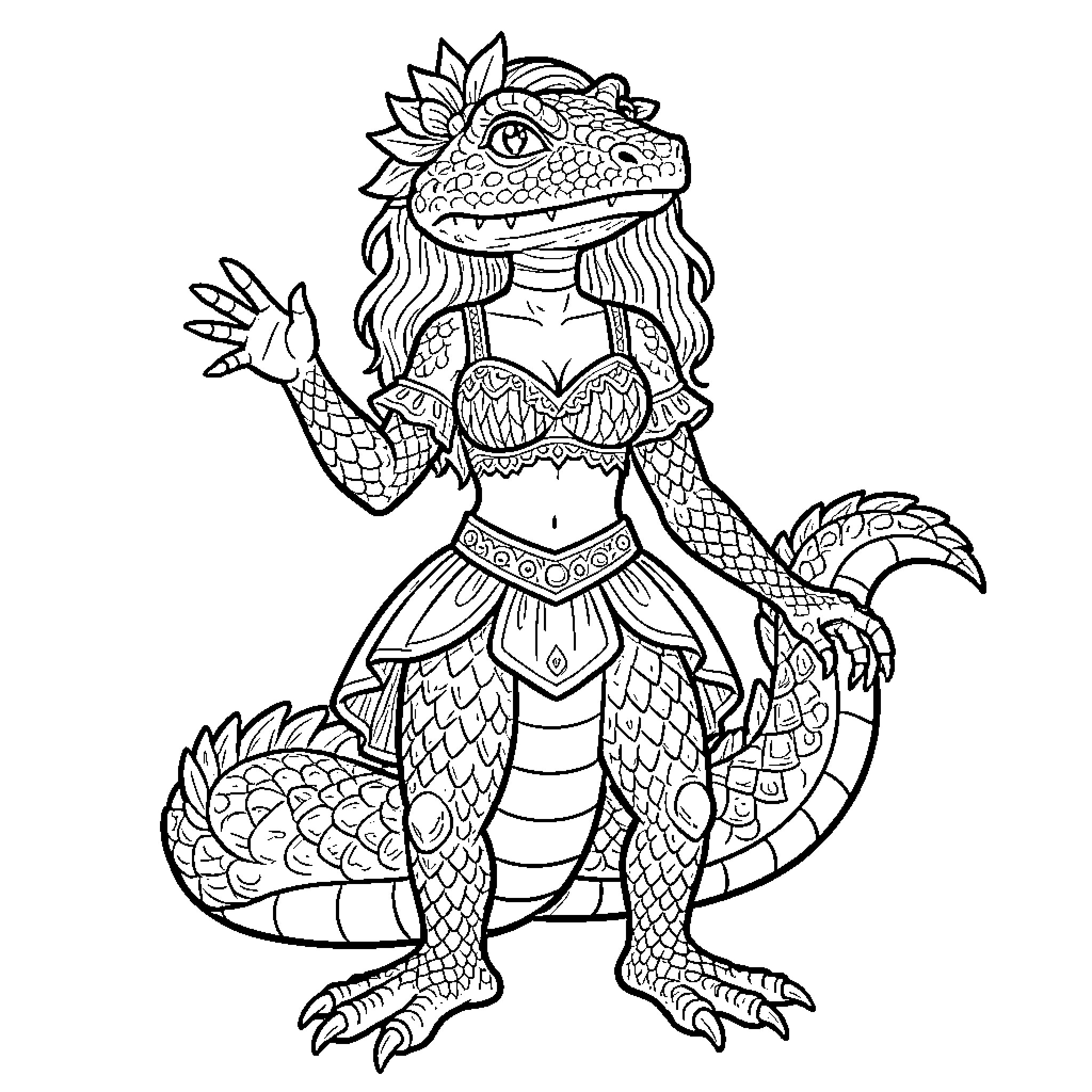 Lizard Woman in Elaborate Attire Striking a Pose Coloring Page (free black-and-white line drawing printable PDF for all, from beginners to advanced learners, including children, teens, adults, and seniors)