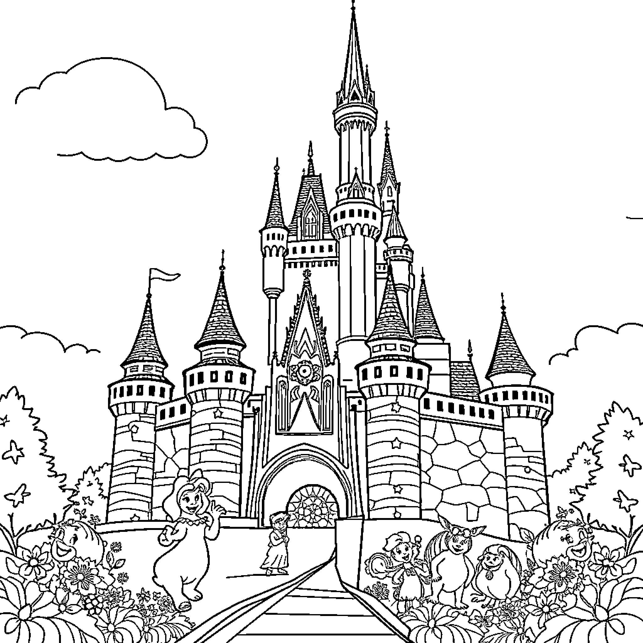 Disney characters exploring magical castle landscape Coloring Page (free black-and-white line drawing printable PDF for all, from beginners to advanced learners, including children, teens, adults, and seniors)