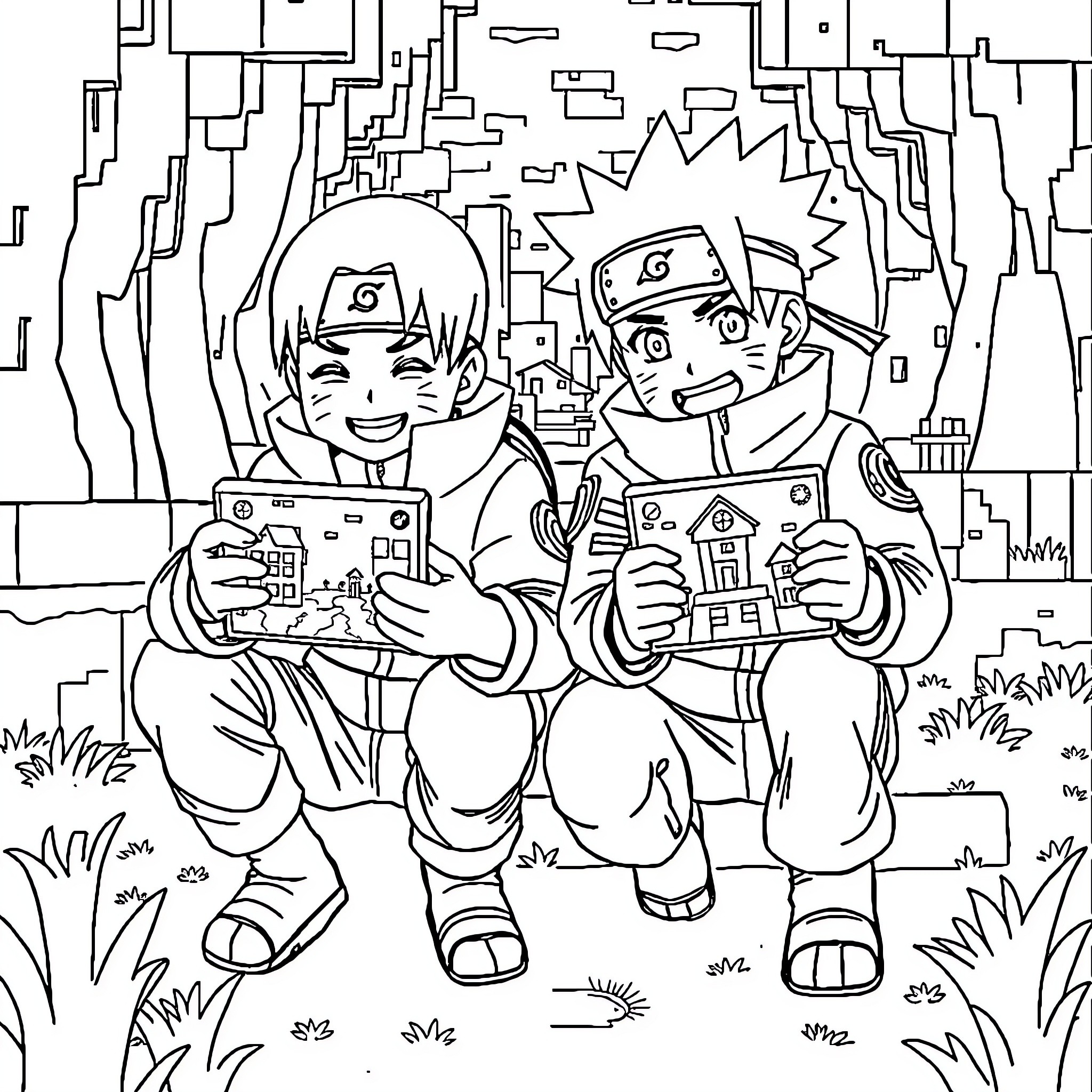 Naruto Characters Playing Handheld Games Outdoors Coloring Page (free black-and-white line drawing printable PDF for all, from beginners to advanced learners, including children, teens, adults, and seniors)