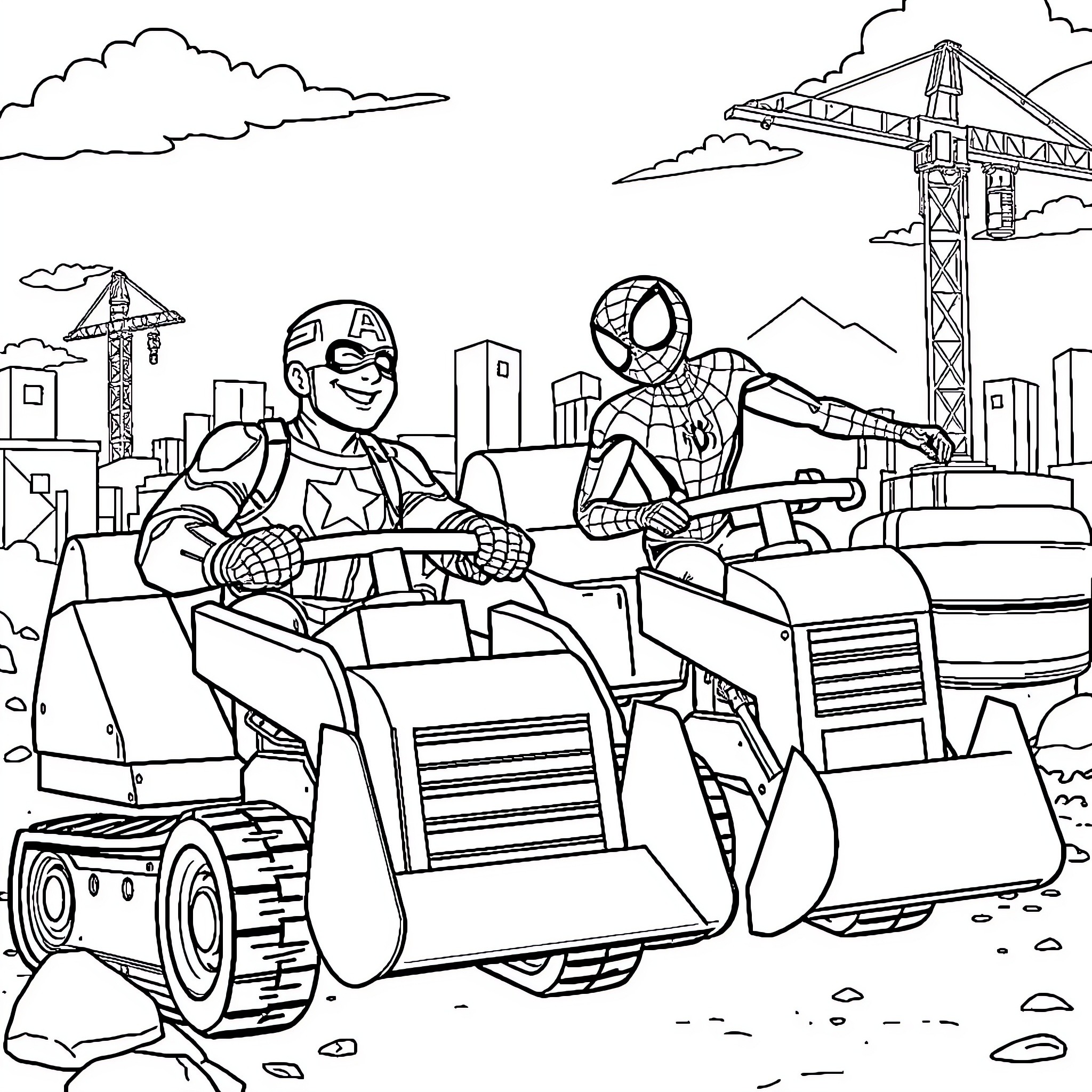 Captain America and Spider-Man Saving the City Coloring Page (free black-and-white line drawing printable PDF for all, from beginners to advanced learners, including children, teens, adults, and seniors)
