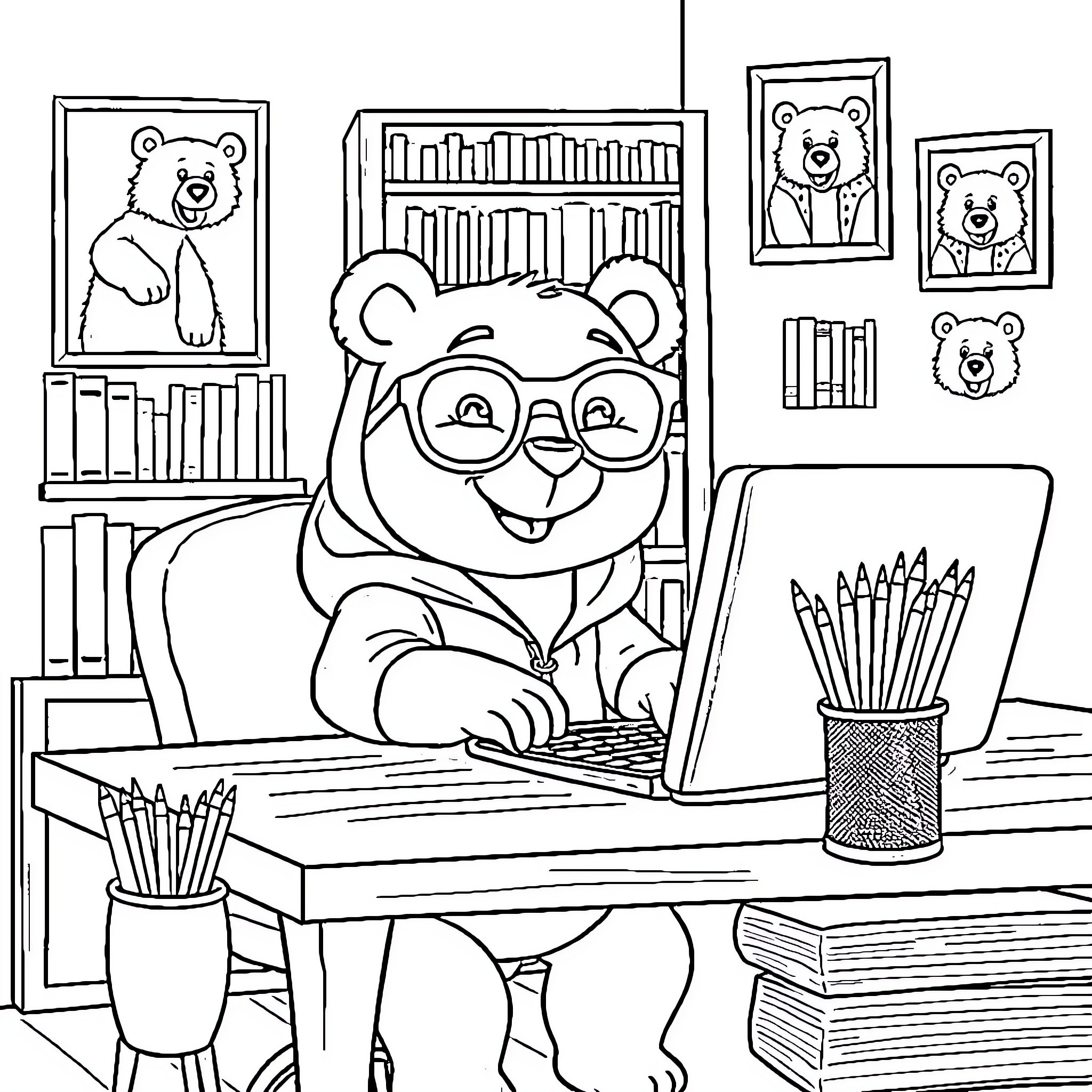 Bear studies diligently at desk in cozy library Coloring Page (free black-and-white line drawing printable PDF for all, from beginners to advanced learners, including children, teens, adults, and seniors)