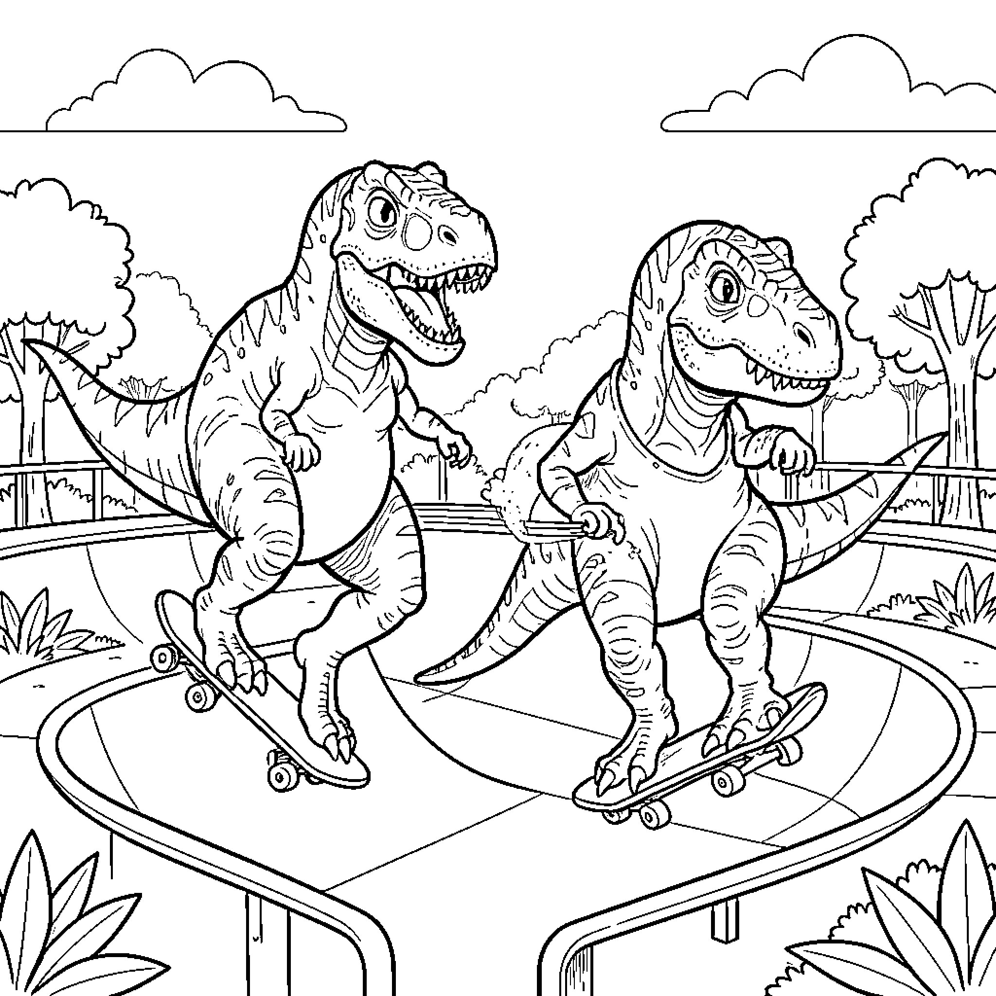 Dinosaur characters riding skateboards at a skatepark Coloring Page (free black-and-white line drawing printable PDF for all, from beginners to advanced learners, including children, teens, adults, and seniors)