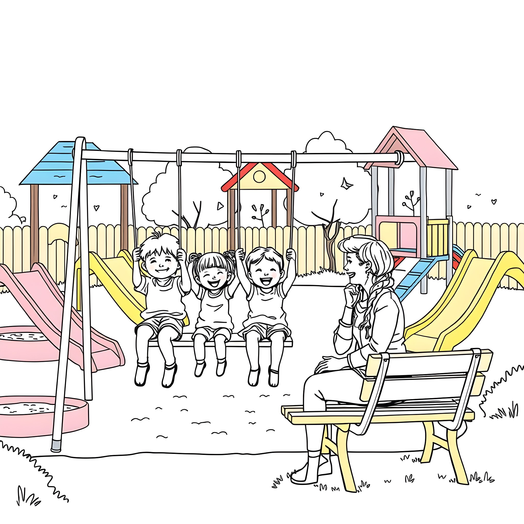 Children playing happily in the playground Coloring Page (free black-and-white line drawing printable PDF for all, from beginners to advanced learners, including children, teens, adults, and seniors)