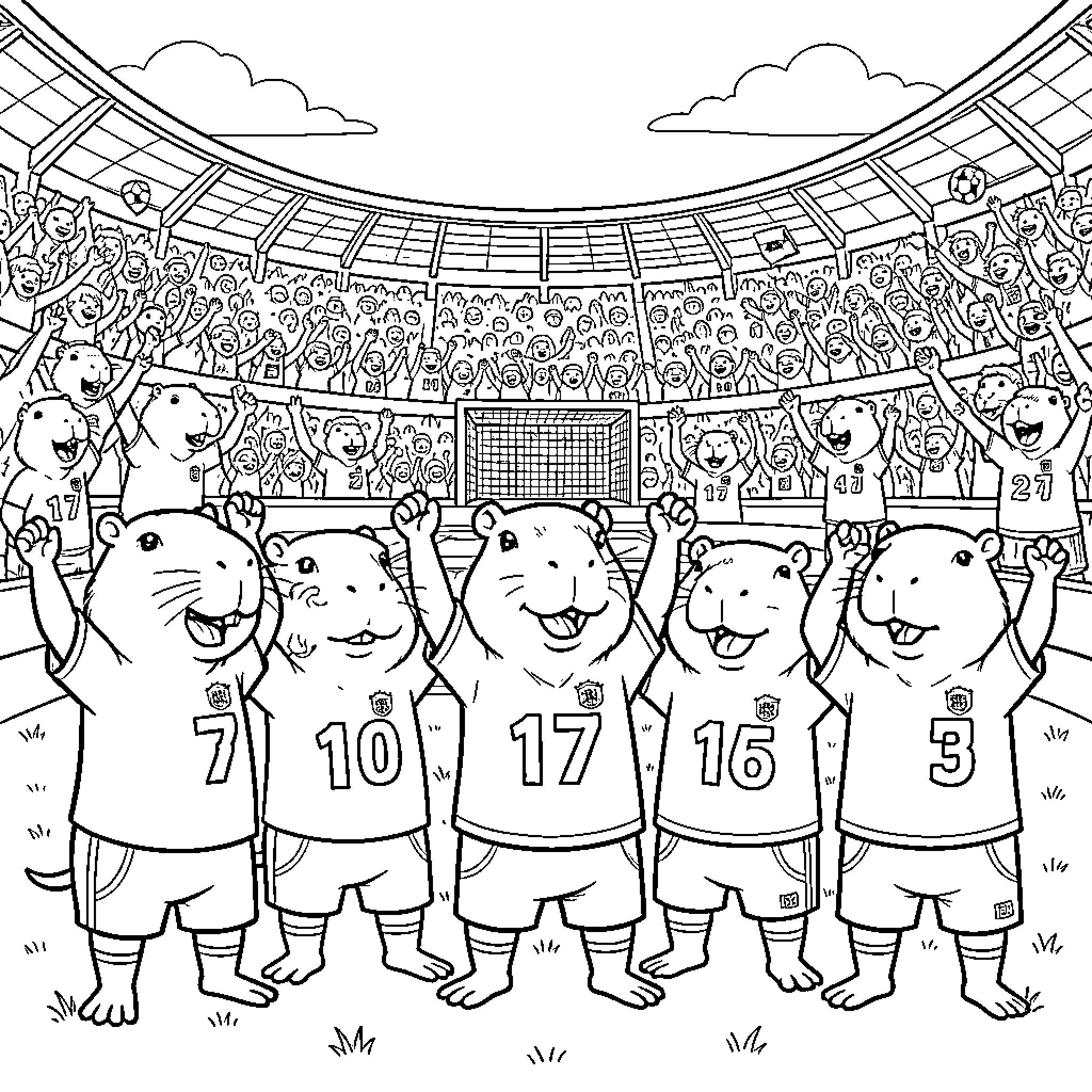Capybara soccer players celebrating a victory in a stadium Coloring Page (free black-and-white line drawing printable PDF for all, from beginners to advanced learners, including children, teens, adults, and seniors)