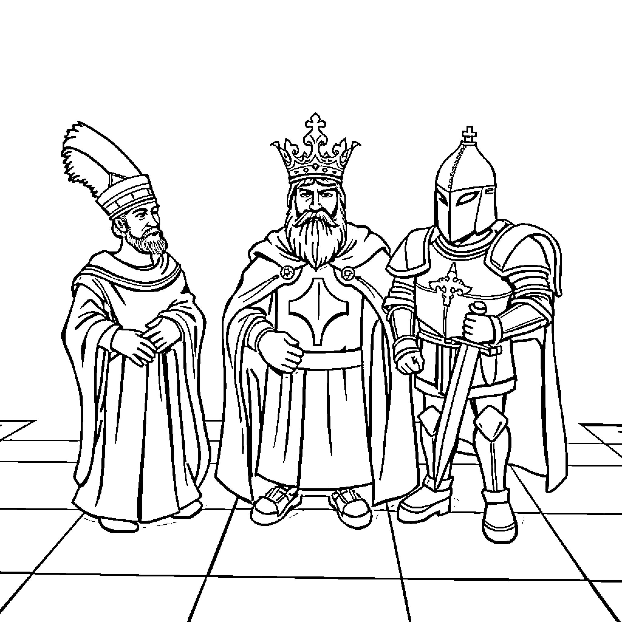 Chess Pieces in Medieval Attire Coloring Page (free black-and-white line drawing printable PDF for all, from beginners to advanced learners, including children, teens, adults, and seniors)