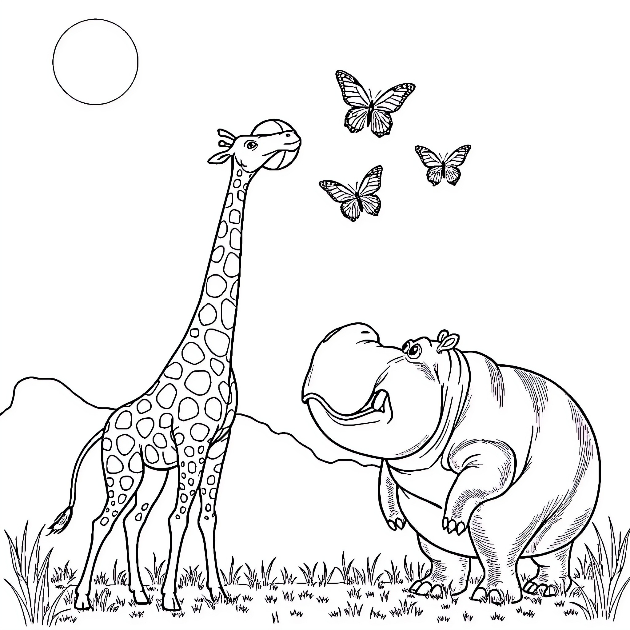 Giraffe and Hippo Enjoying the Outdoors Coloring Page (free black-and-white line drawing printable PDF for all, from beginners to advanced learners, including children, teens, adults, and seniors)
