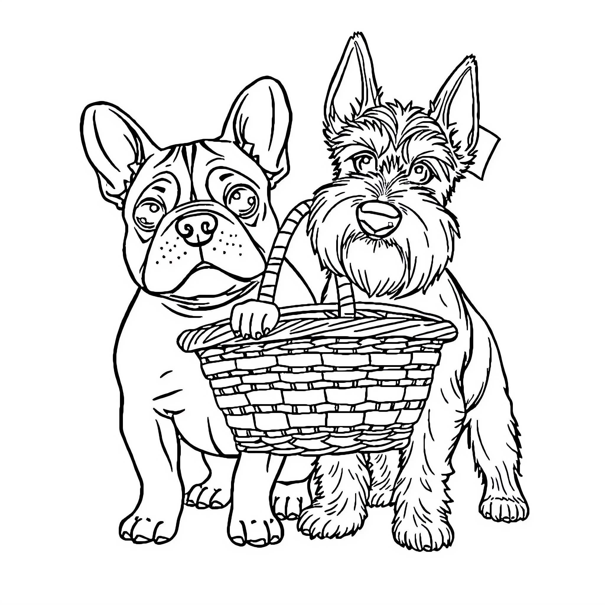 Dog friends in a wicker basket Coloring Page (free black-and-white line drawing printable PDF for all, from beginners to advanced learners, including children, teens, adults, and seniors)