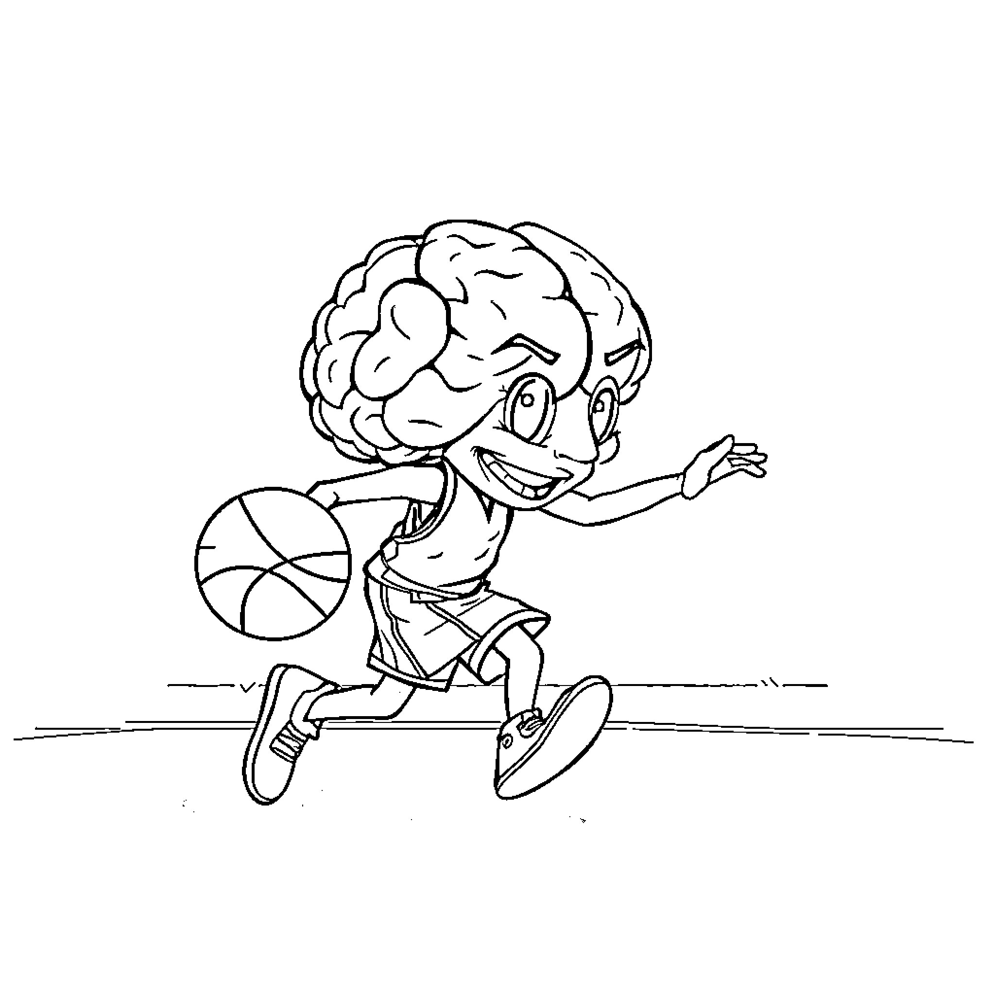 Brain Playing Happily with Ball Coloring Page (free black-and-white line drawing printable PDF for all, from beginners to advanced learners, including children, teens, adults, and seniors)