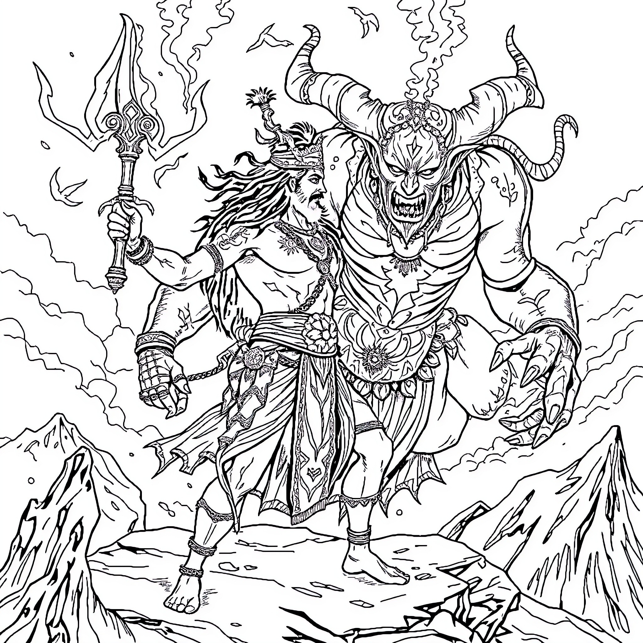 Aarya's Mythical Battle Against the Fearsome Demon Coloring Page (free black-and-white line drawing printable PDF for all, from beginners to advanced learners, including children, teens, adults, and seniors)