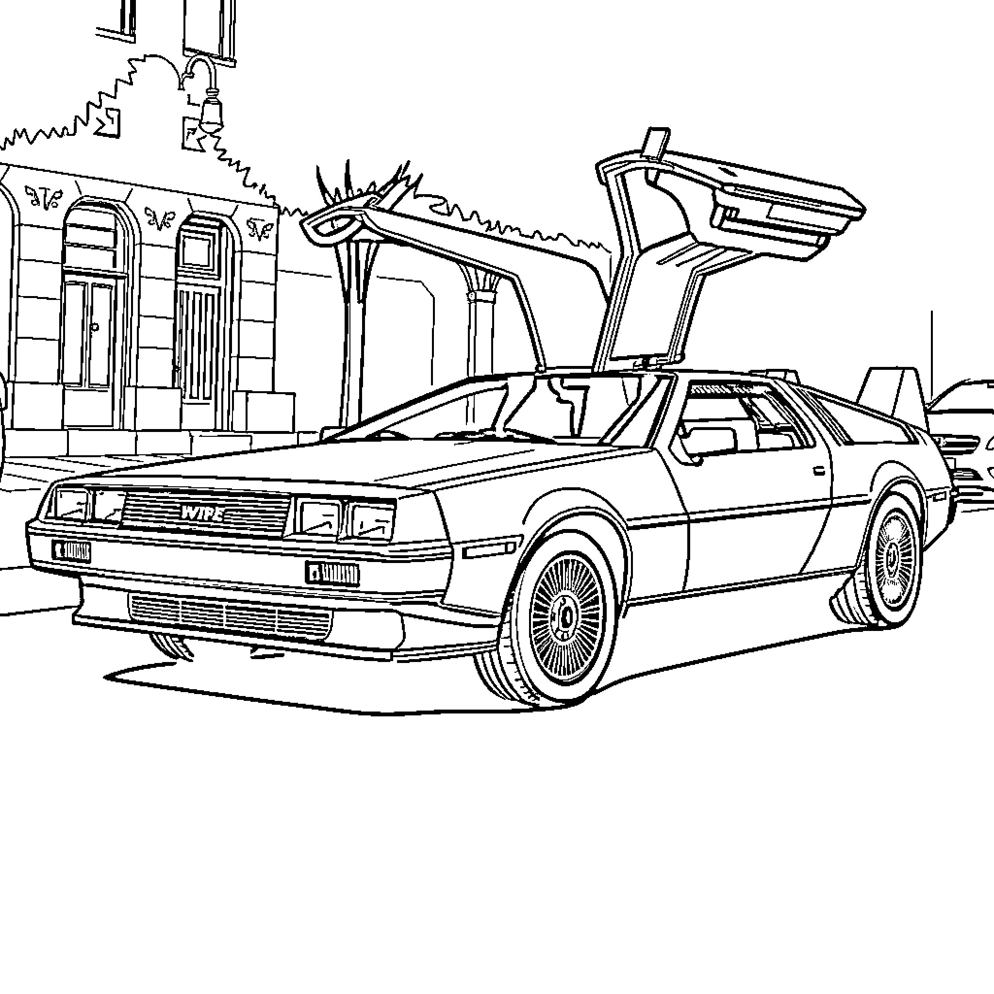 DeLorean time machine in futuristic cityscape Coloring Page (free black-and-white line drawing printable PDF for all, from beginners to advanced learners, including children, teens, adults, and seniors)