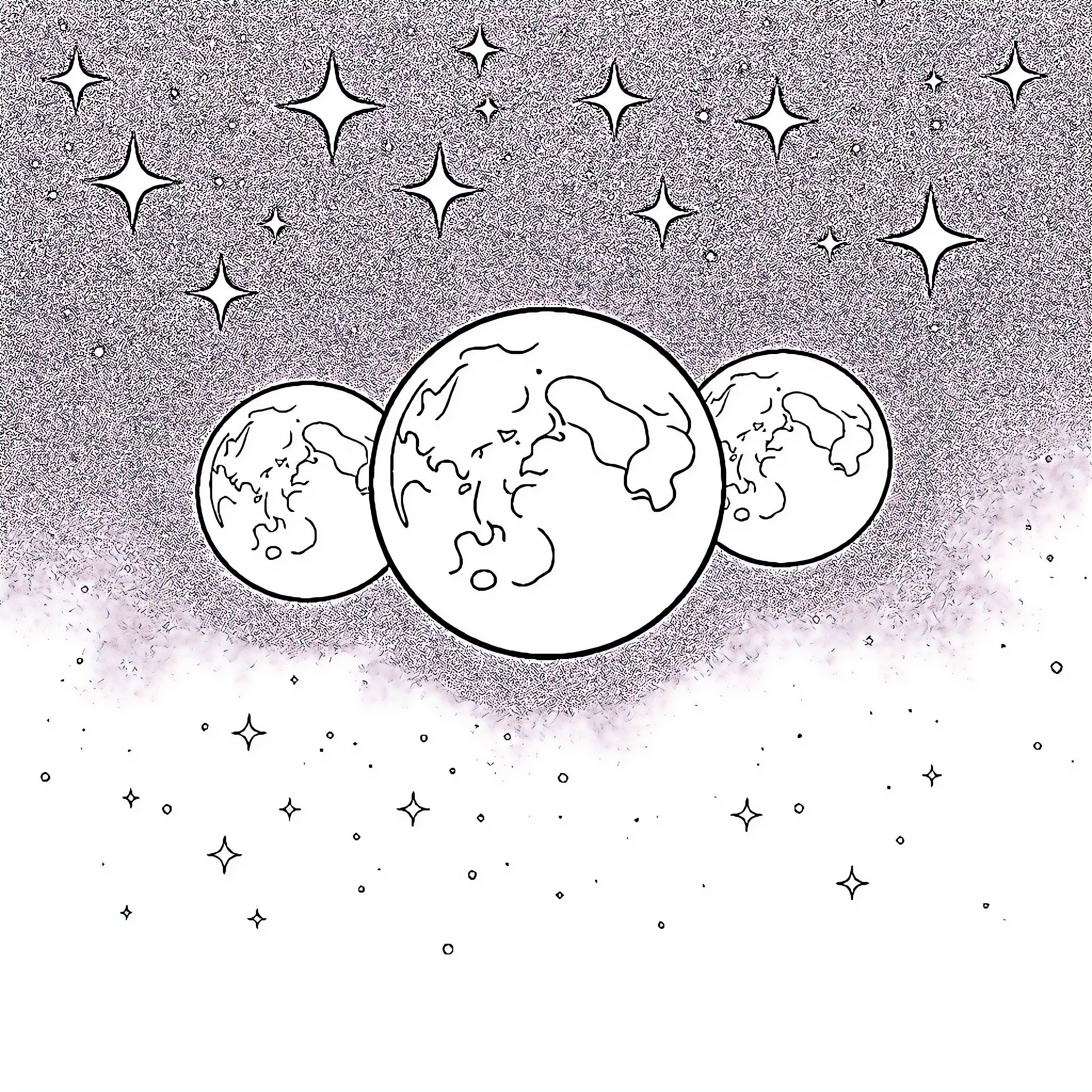 Moon phases and twinkling stars Coloring Page (free black-and-white line drawing printable PDF for all, from beginners to advanced learners, including children, teens, adults, and seniors)