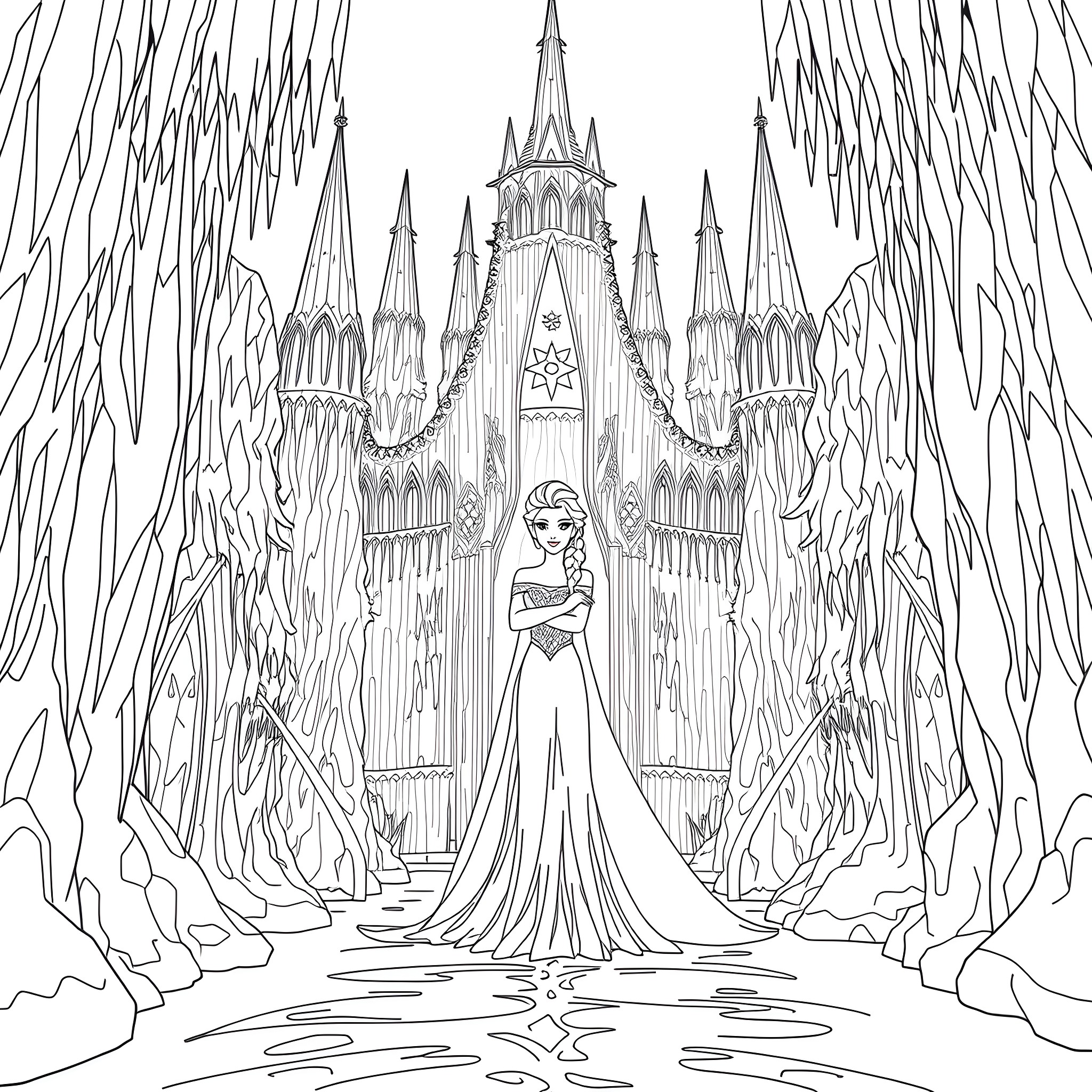 Elsa in her icy castle with majestic architecture Coloring Page (free black-and-white line drawing printable PDF for all, from beginners to advanced learners, including children, teens, adults, and seniors)
