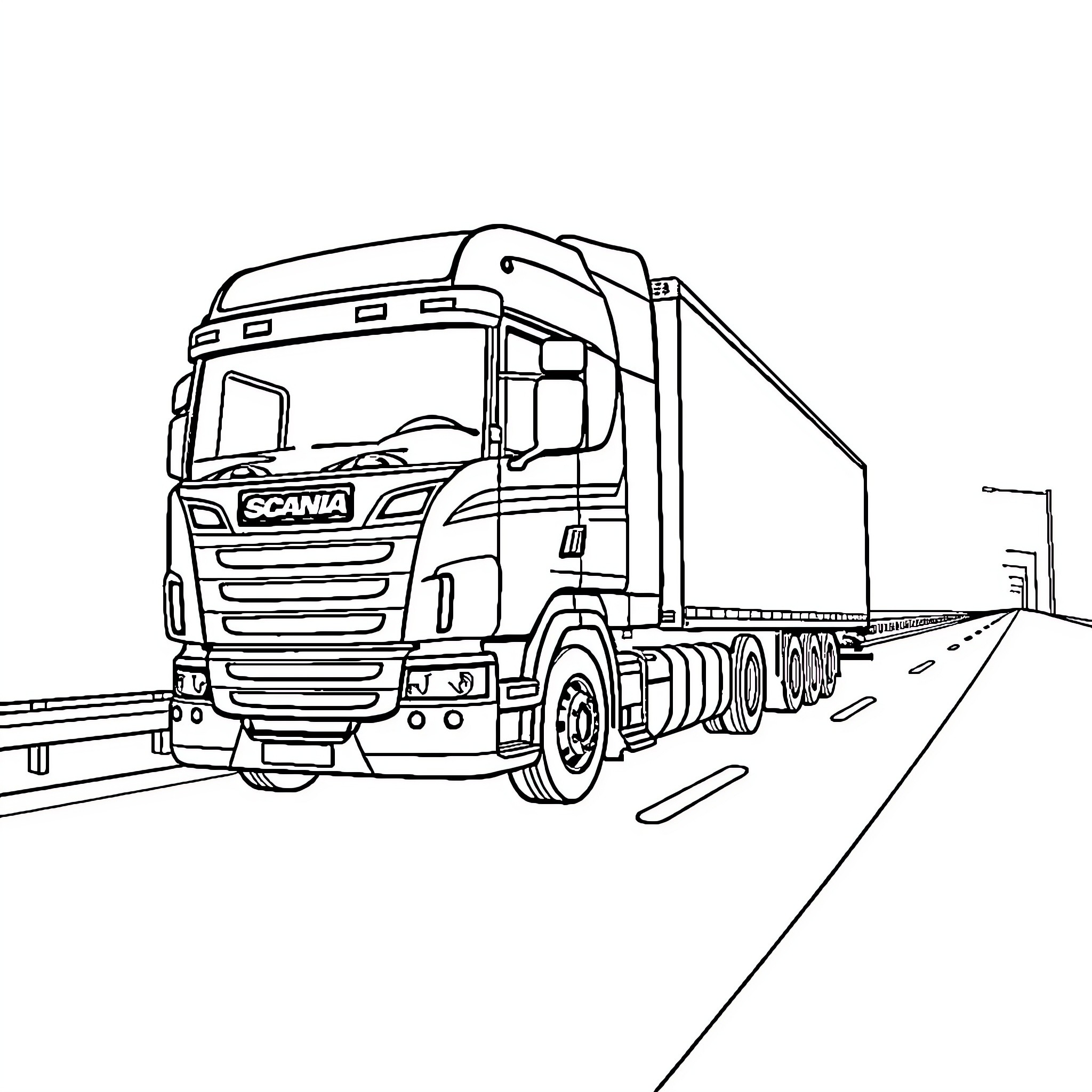 Scania semi-truck driving on the highway Coloring Page (free black-and-white line drawing printable PDF for all, from beginners to advanced learners, including children, teens, adults, and seniors)