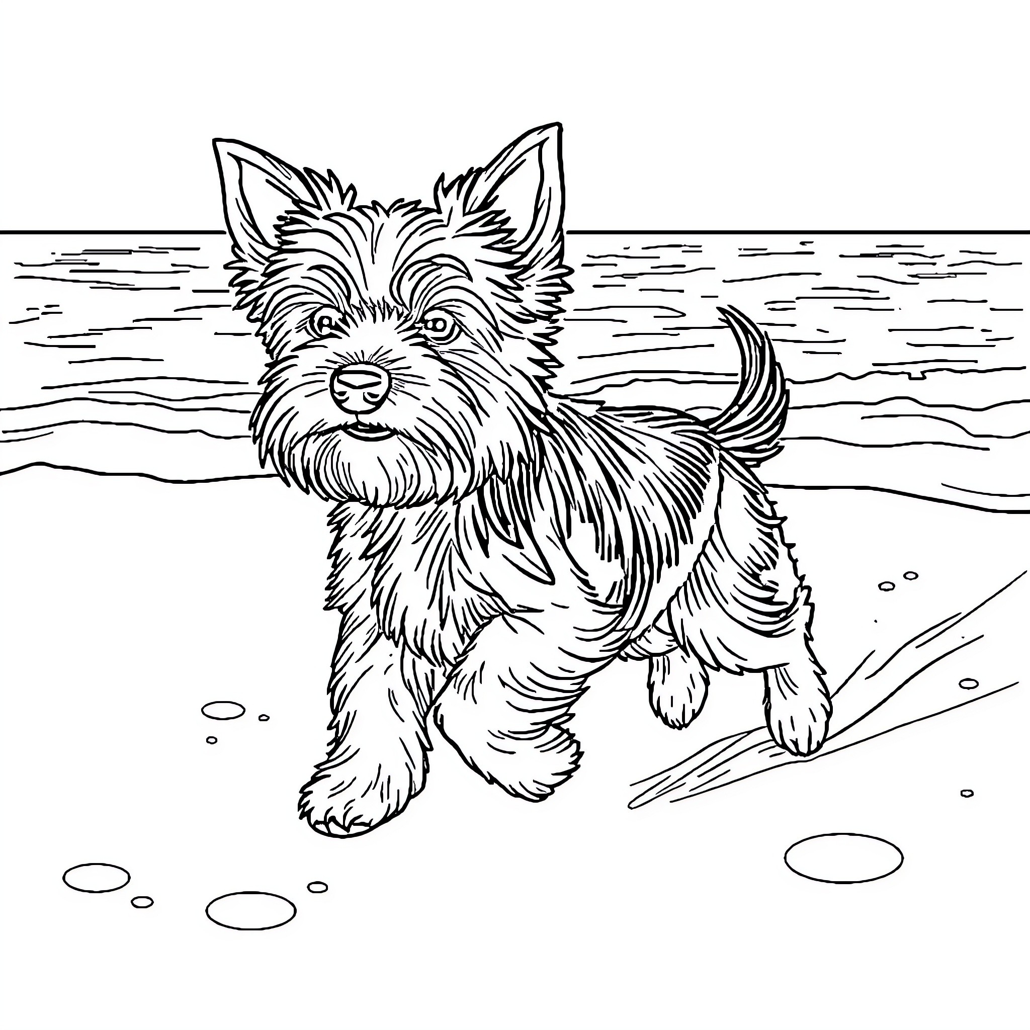 Yorkie playing joyfully on the beach Coloring Page (free black-and-white line drawing printable PDF for all, from beginners to advanced learners, including children, teens, adults, and seniors)