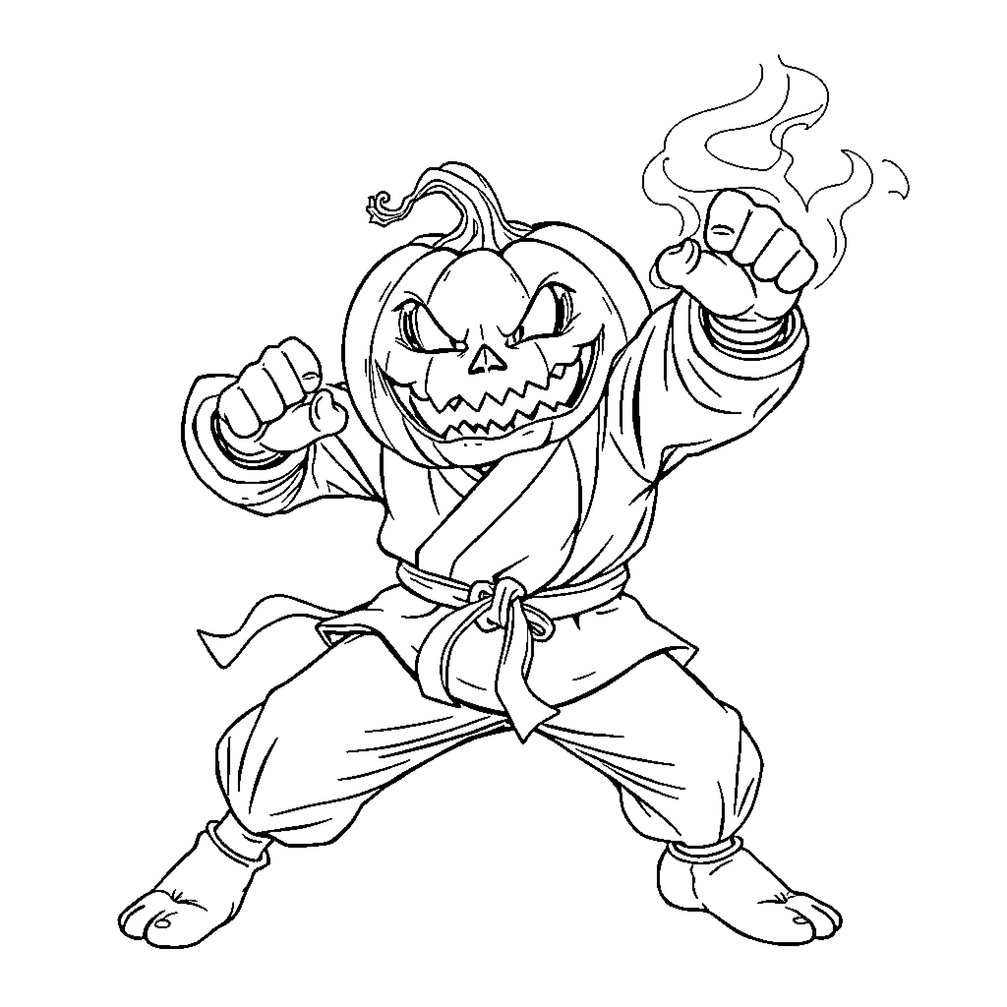Pumpkin-headed martial artist in action pose Coloring Page (free black-and-white line drawing printable PDF for all, from beginners to advanced learners, including children, teens, adults, and seniors)