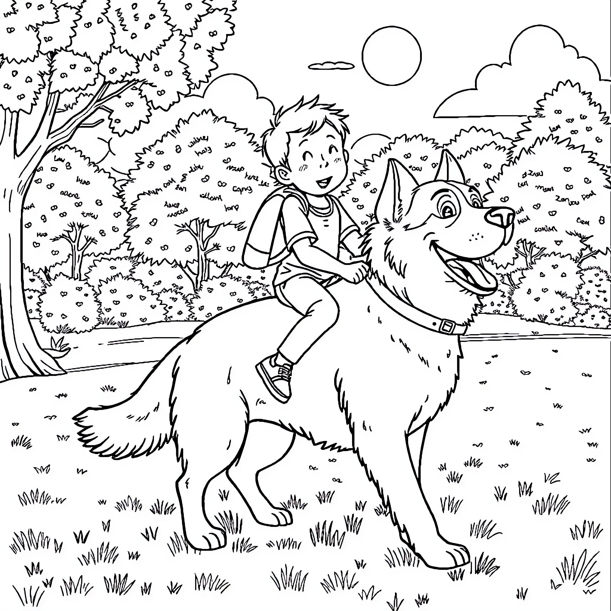 Boy riding a wolf in the forest Coloring Page (free black-and-white line drawing printable PDF for all, from beginners to advanced learners, including children, teens, adults, and seniors)
