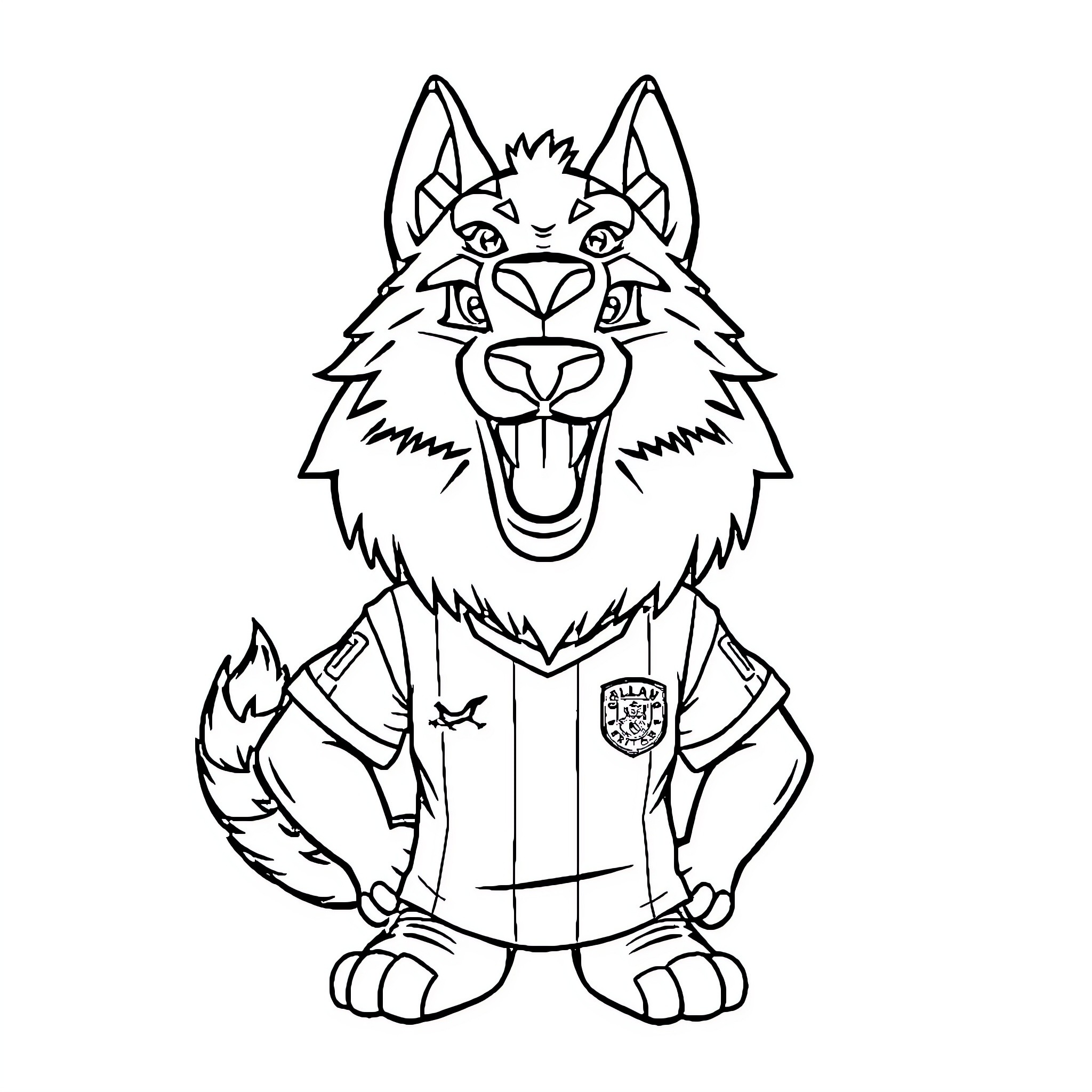Lobo the Fierce Wolf in Uniform Coloring Page (free black-and-white line drawing printable PDF for all, from beginners to advanced learners, including children, teens, adults, and seniors)