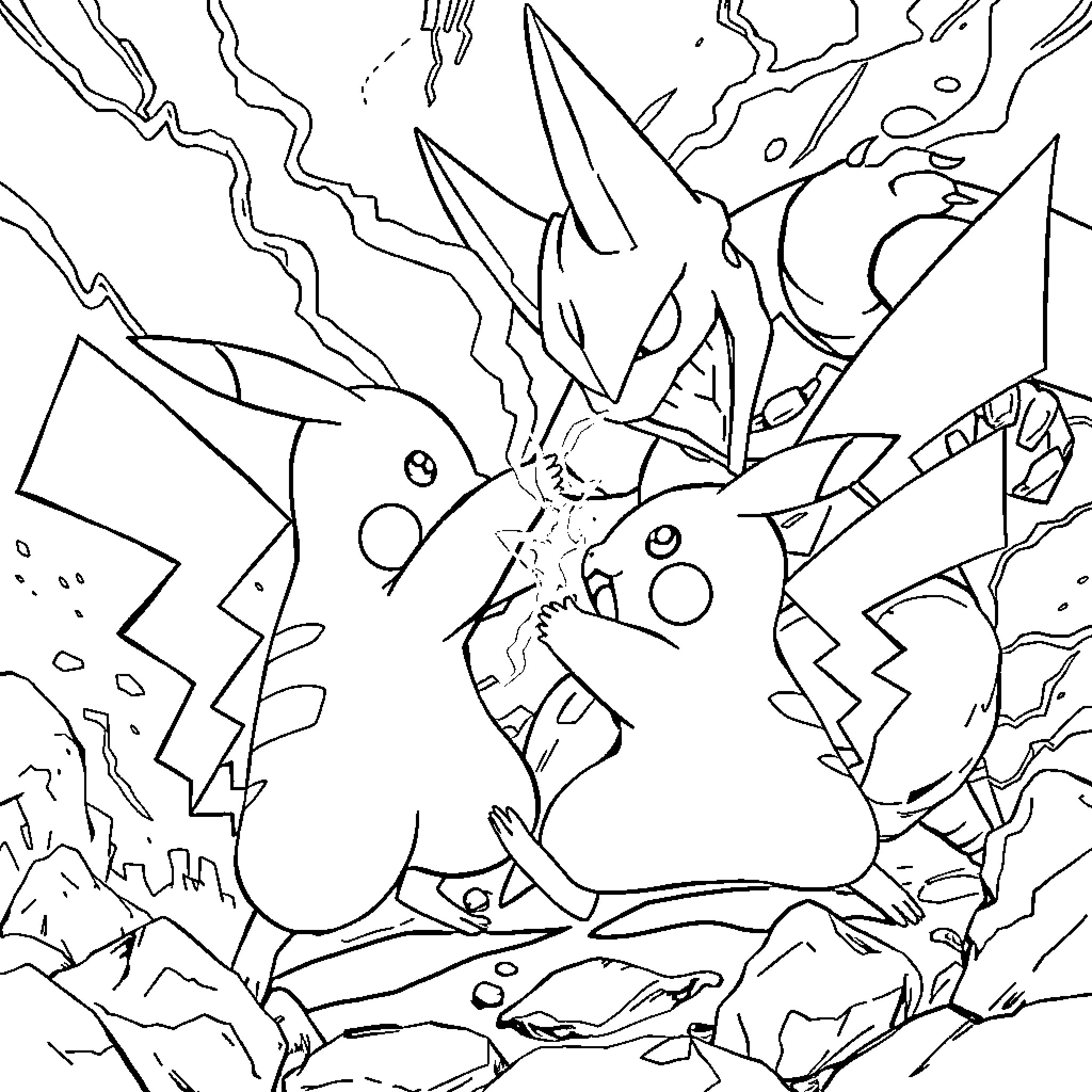 Pikachu battling fiercely with powerful electric attacks Coloring Page (free black-and-white line drawing printable PDF for all, from beginners to advanced learners, including children, teens, adults, and seniors)