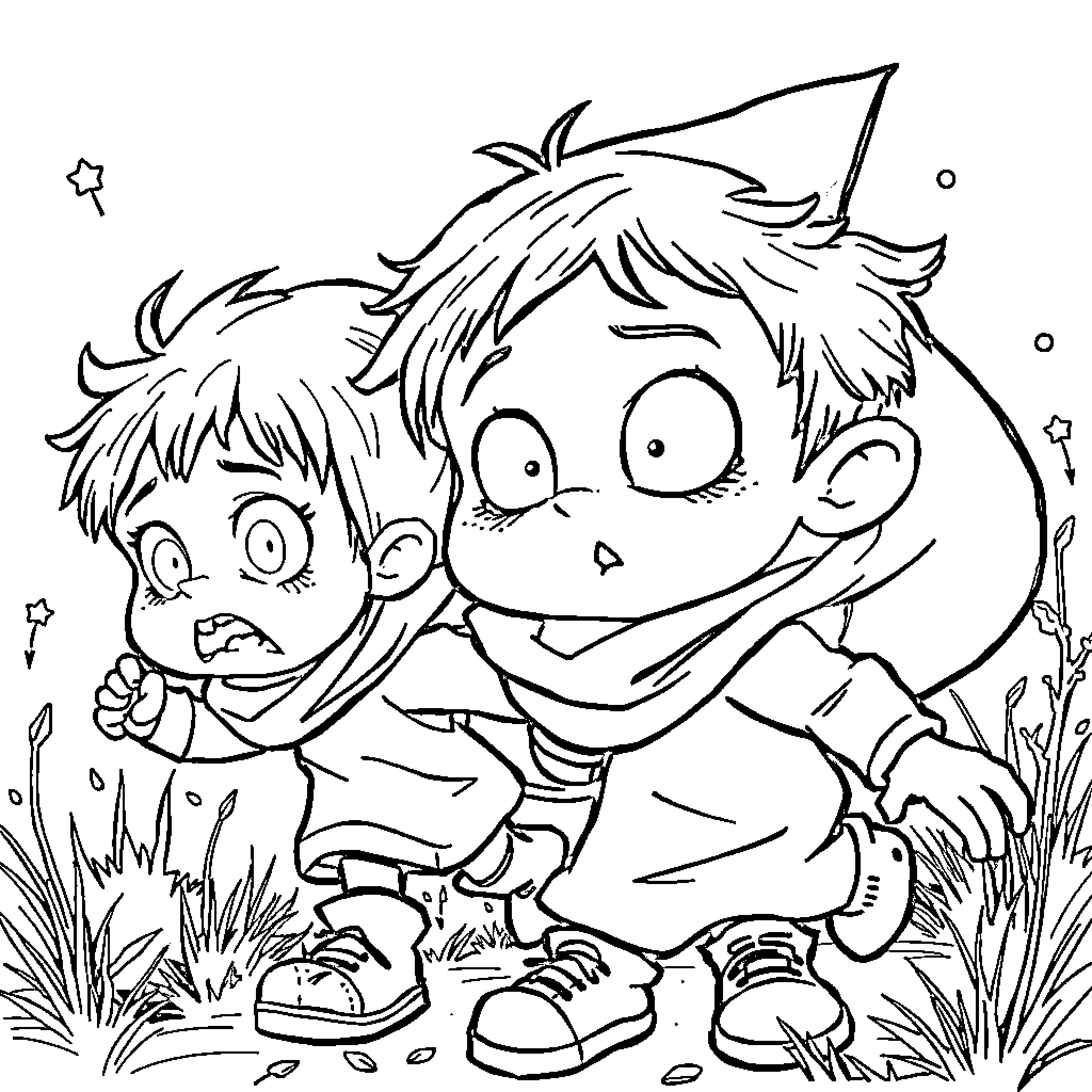 Child characters playing mischievously in the park Coloring Page (free black-and-white line drawing printable PDF for all, from beginners to advanced learners, including children, teens, adults, and seniors)