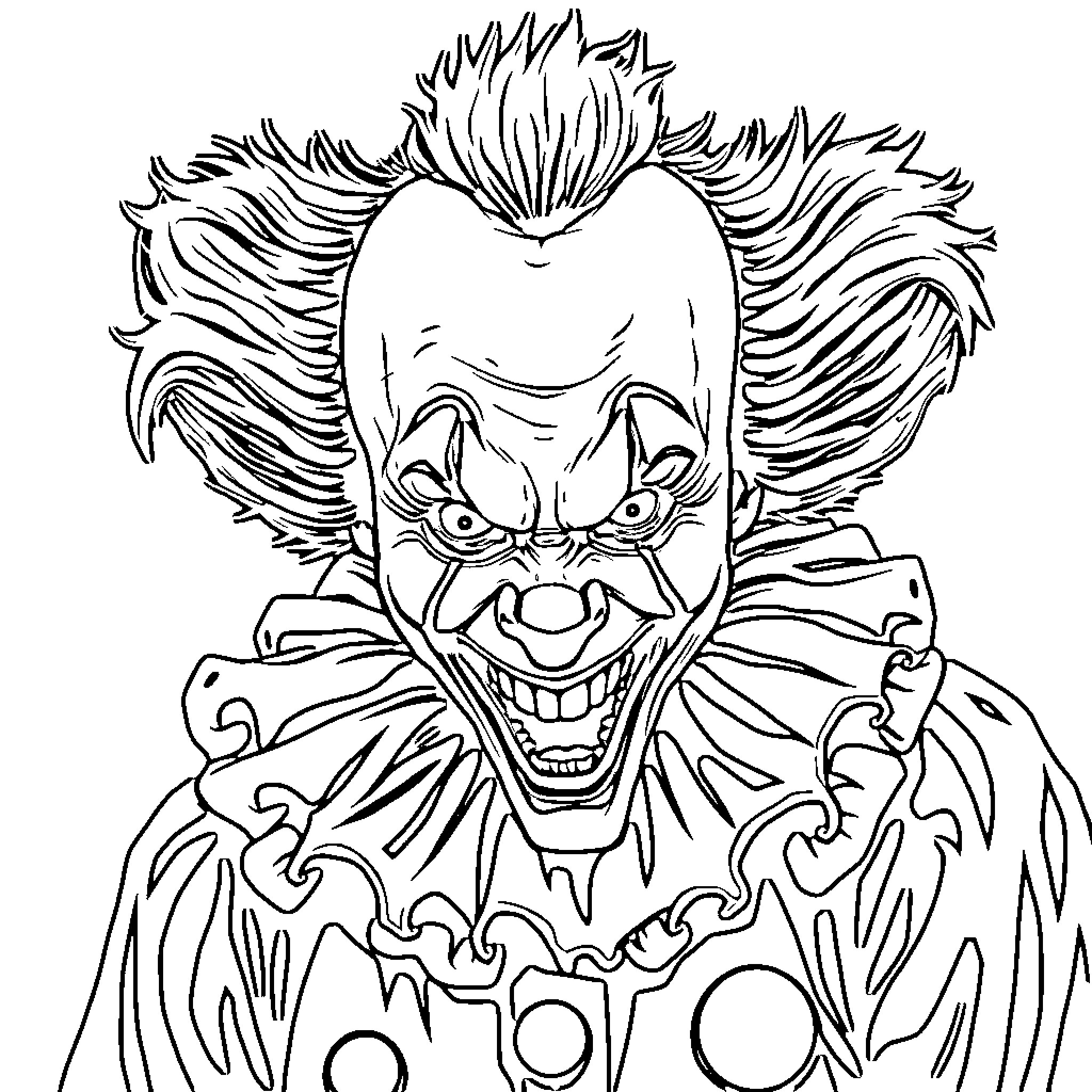 Clown with Frightening Expression and Messy Hair Coloring Page (free black-and-white line drawing printable PDF for all, from beginners to advanced learners, including children, teens, adults, and seniors)