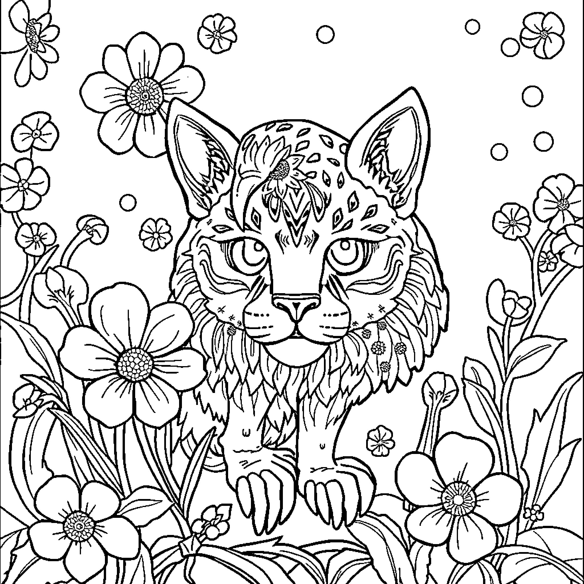 Forest Cat Surrounded by Whimsical Flowers Coloring Page (free black-and-white line drawing printable PDF for all, from beginners to advanced learners, including children, teens, adults, and seniors)