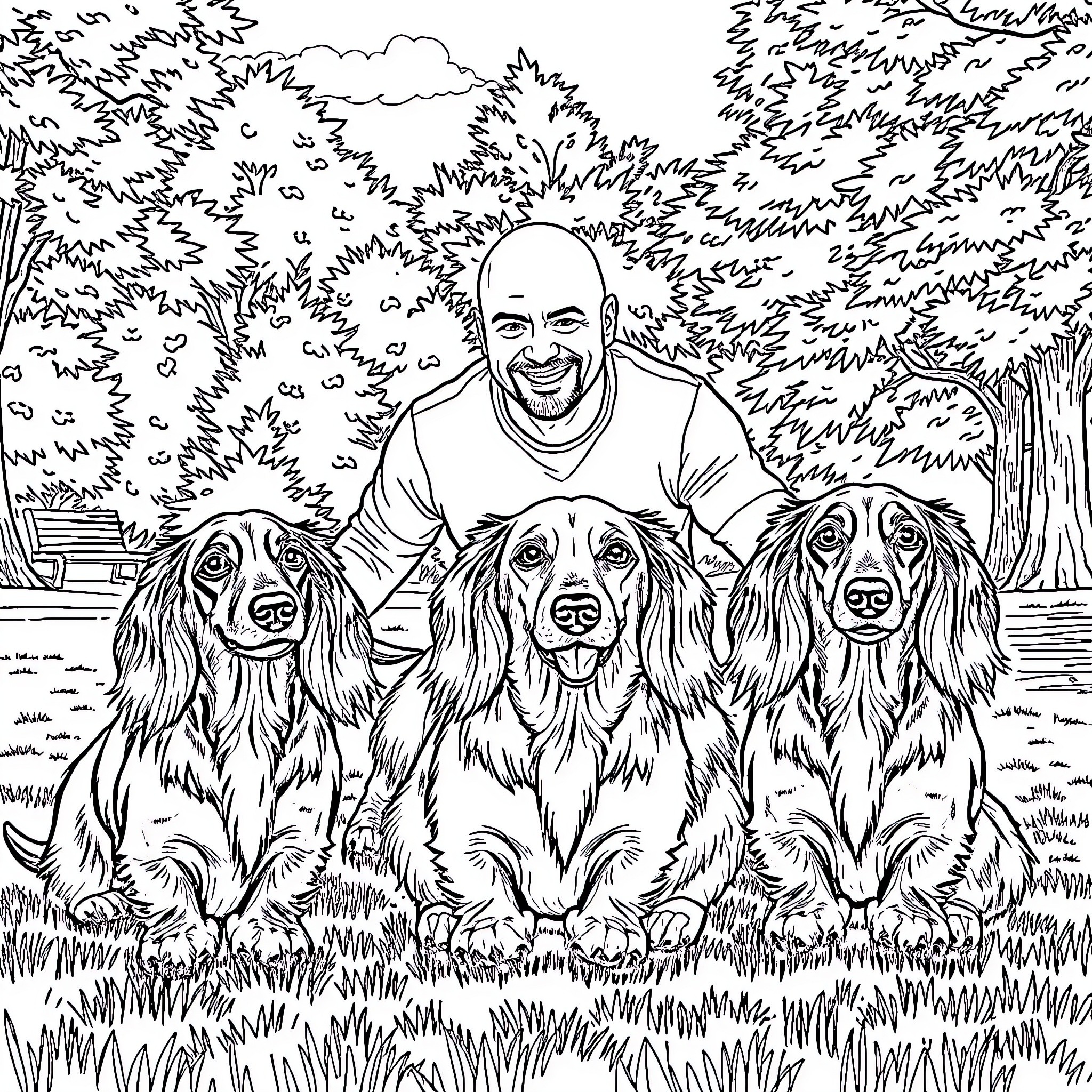 Dachshund trio posing with smiling owner in park Coloring Page (free black-and-white line drawing printable PDF for all, from beginners to advanced learners, including children, teens, adults, and seniors)