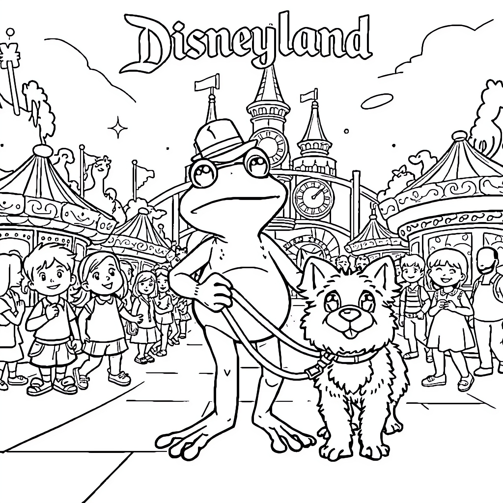 Frog exploring the wonders of Disneyland Coloring Page (free black-and-white line drawing printable PDF for all, from beginners to advanced learners, including children, teens, adults, and seniors)