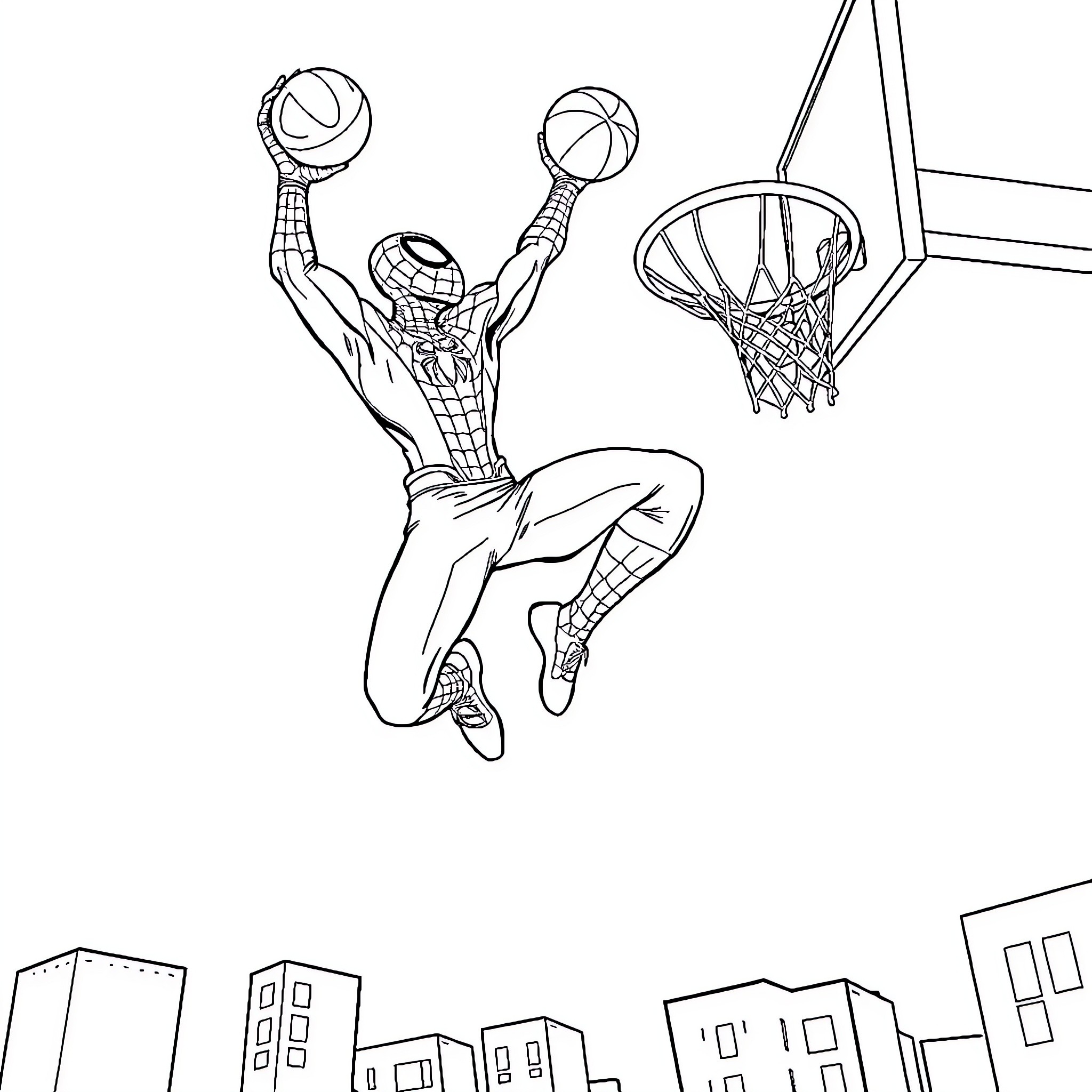 Spiderman soaring through the city with basketball Coloring Page (free black-and-white line drawing printable PDF for all, from beginners to advanced learners, including children, teens, adults, and seniors)