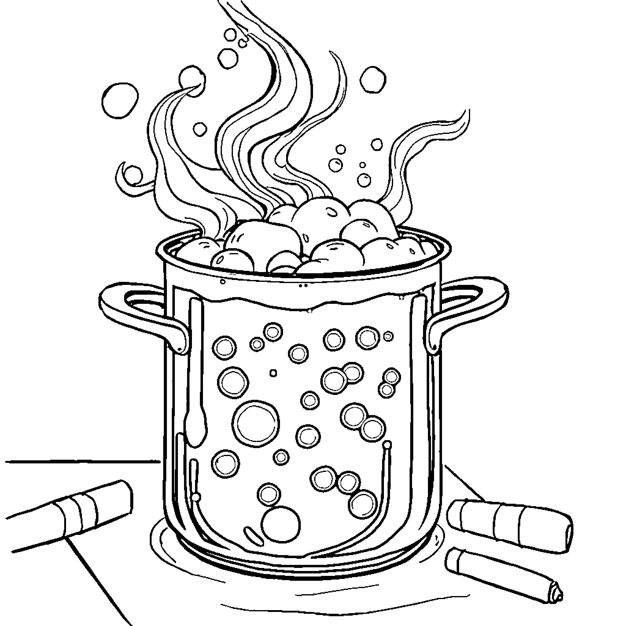 Soda bubbles boiling in a pot Coloring Page (free black-and-white line drawing printable PDF for all, from beginners to advanced learners, including children, teens, adults, and seniors)