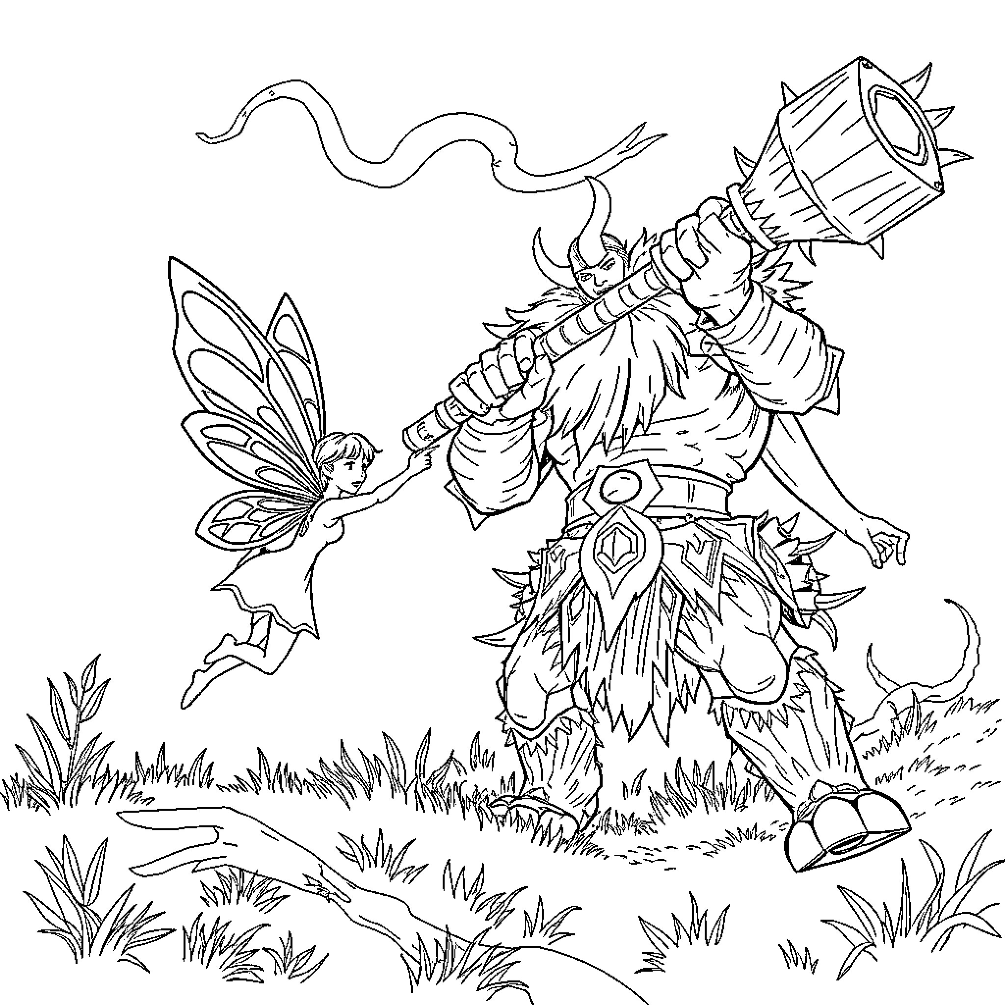 Fairy Befriends Whimsical Forest Creature Coloring Page (free black-and-white line drawing printable PDF for all, from beginners to advanced learners, including children, teens, adults, and seniors)