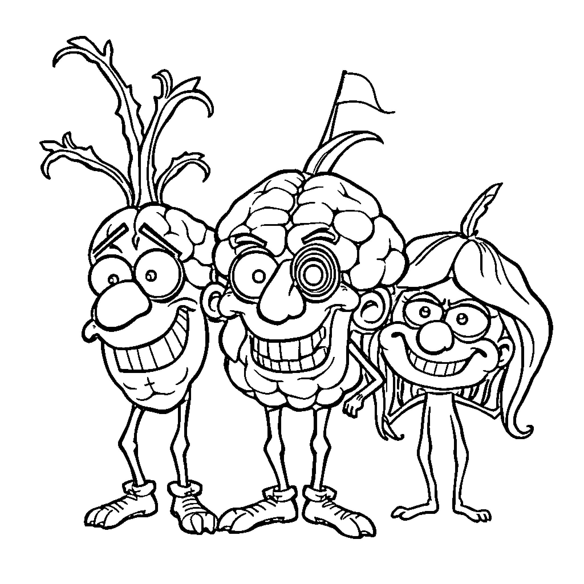 Character illustration of three happy, cartoonish figures Coloring Page (free black-and-white line drawing printable PDF for all, from beginners to advanced learners, including children, teens, adults, and seniors)