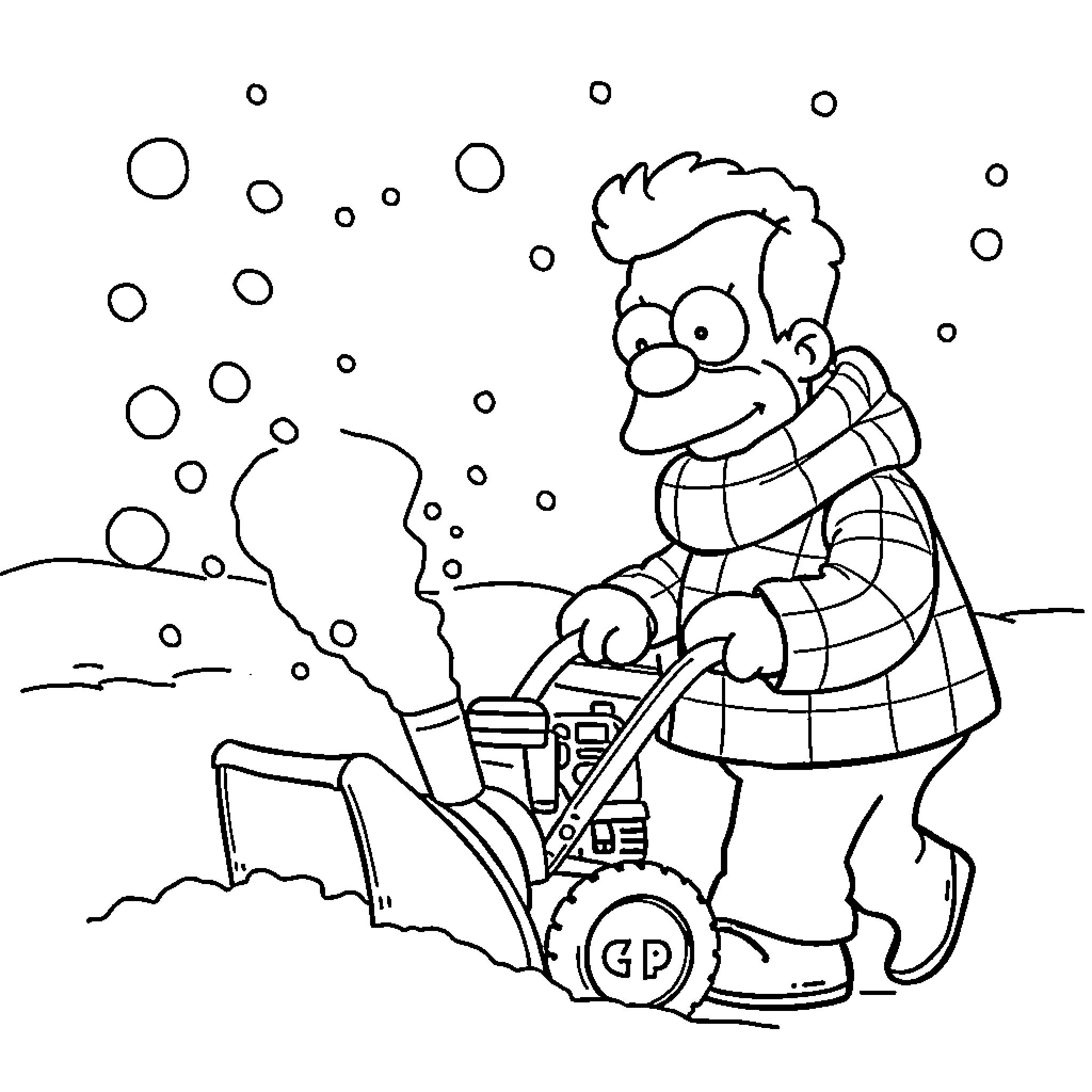 Grandpa enjoying a snowy day with his snowblower Coloring Page (free black-and-white line drawing printable PDF for all, from beginners to advanced learners, including children, teens, adults, and seniors)