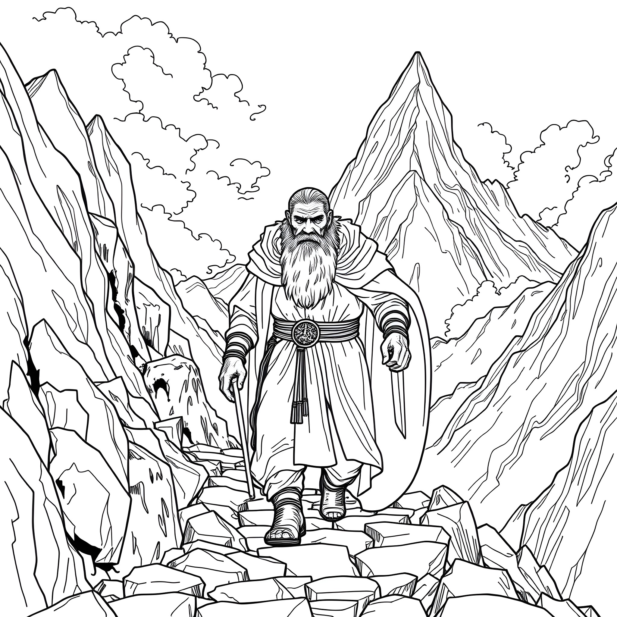 King's Journey Through the Rugged Mountains Coloring Page (free black-and-white line drawing printable PDF for all, from beginners to advanced learners, including children, teens, adults, and seniors)
