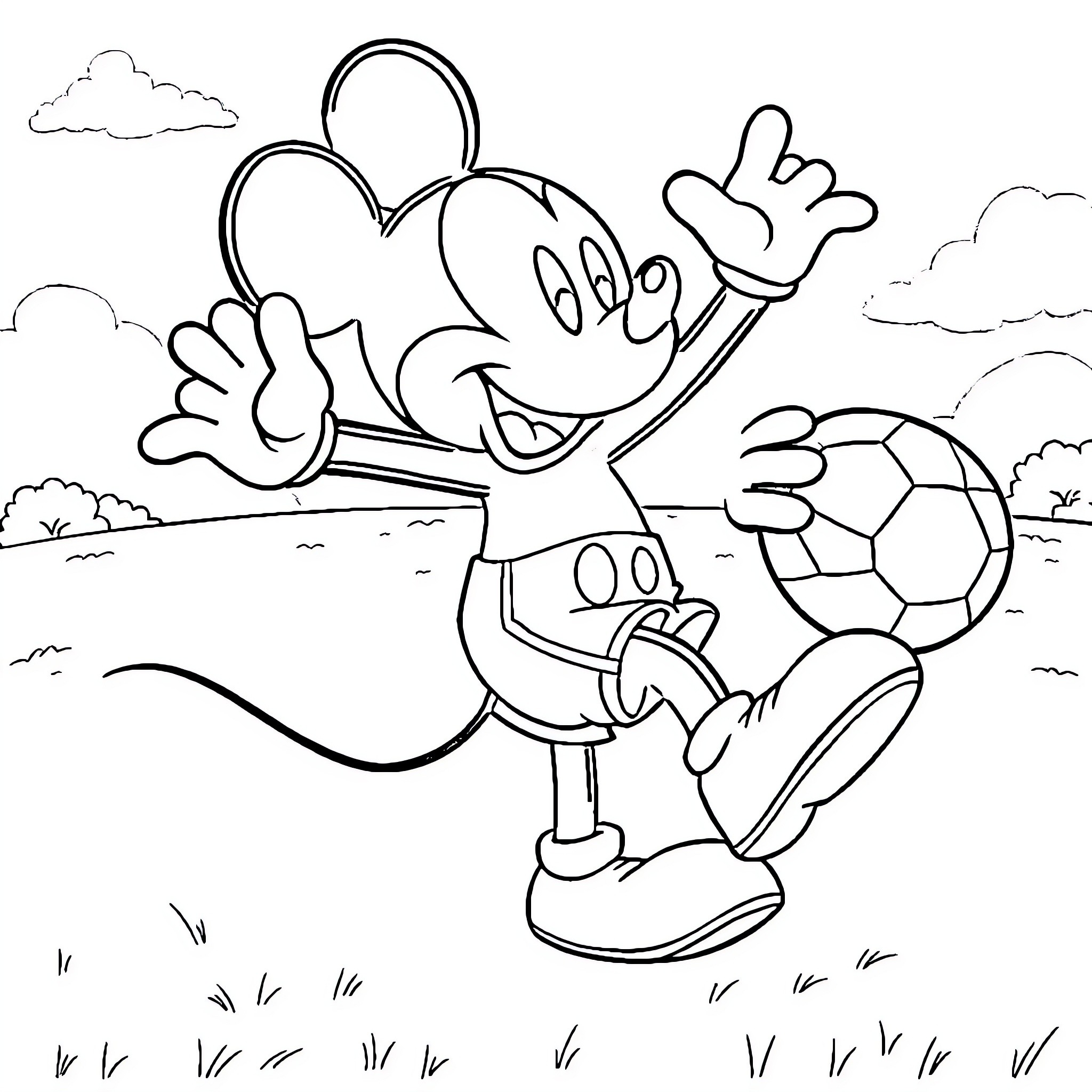 Mickey Mouse playing joyfully with soccer ball Coloring Page (free black-and-white line drawing printable PDF for all, from beginners to advanced learners, including children, teens, adults, and seniors)
