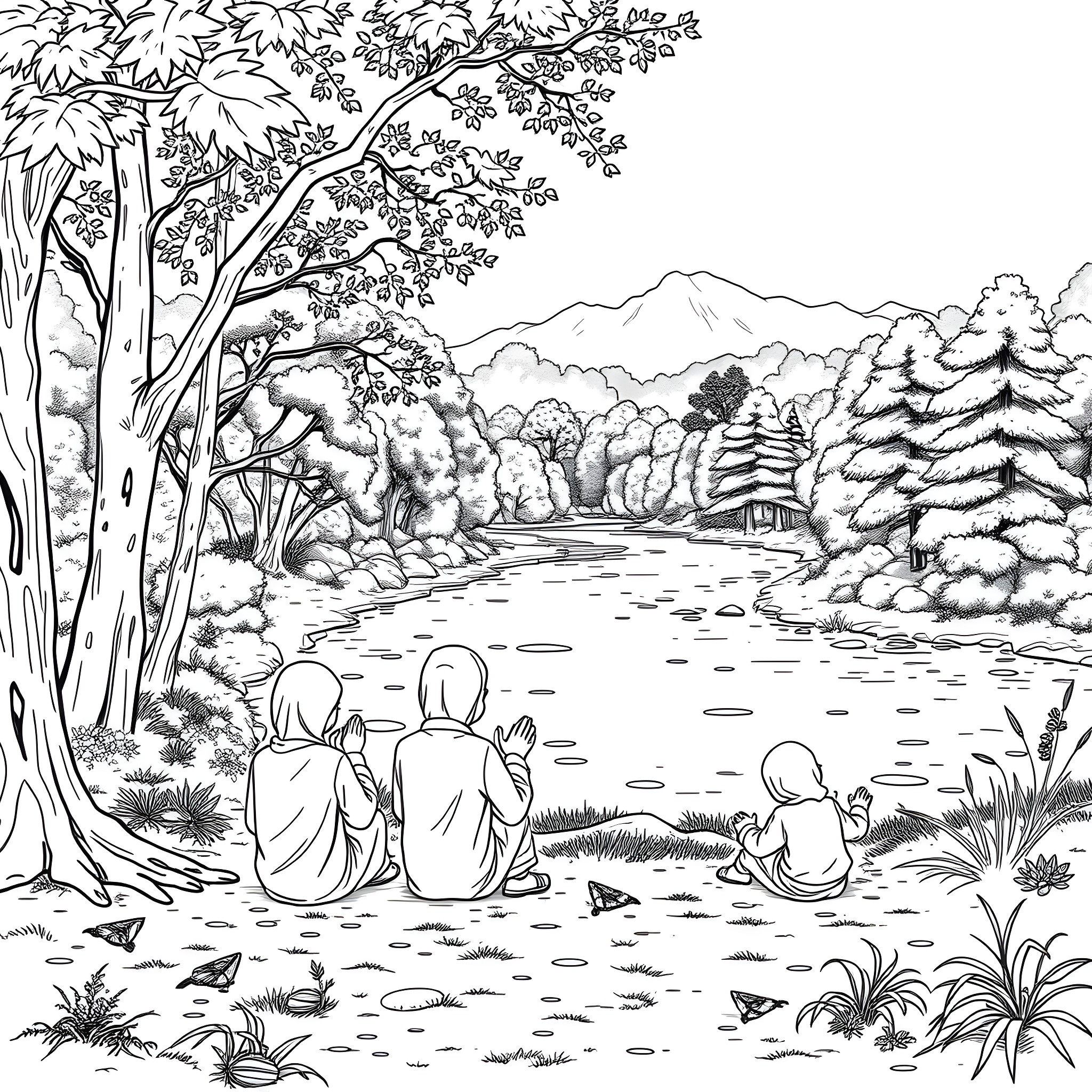 Child playing together in scenic winter wonderland Coloring Page (free black-and-white line drawing printable PDF for all, from beginners to advanced learners, including children, teens, adults, and seniors)