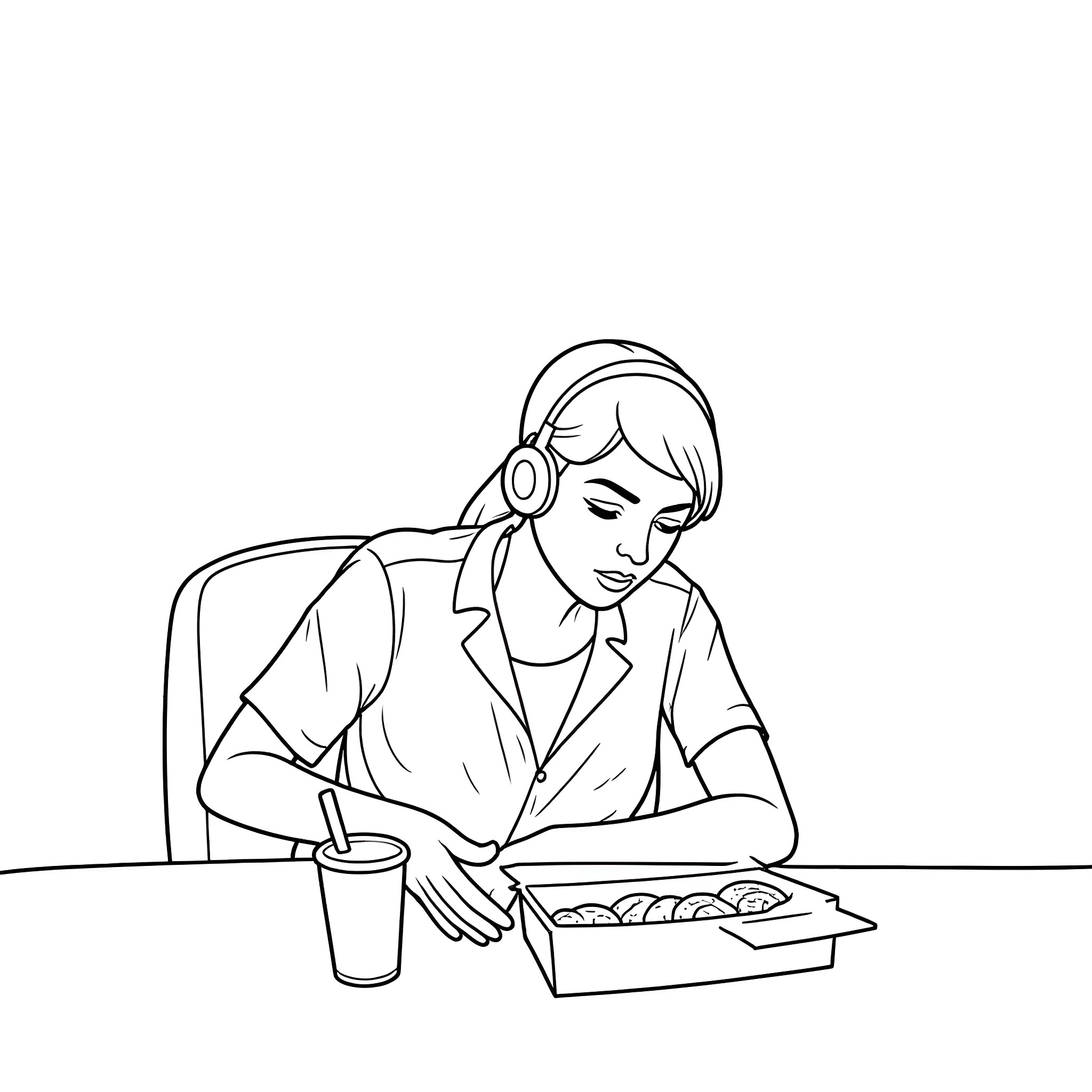 Lighting Technician Enjoying Snack Break Coloring Page (free black-and-white line drawing printable PDF for all, from beginners to advanced learners, including children, teens, adults, and seniors)
