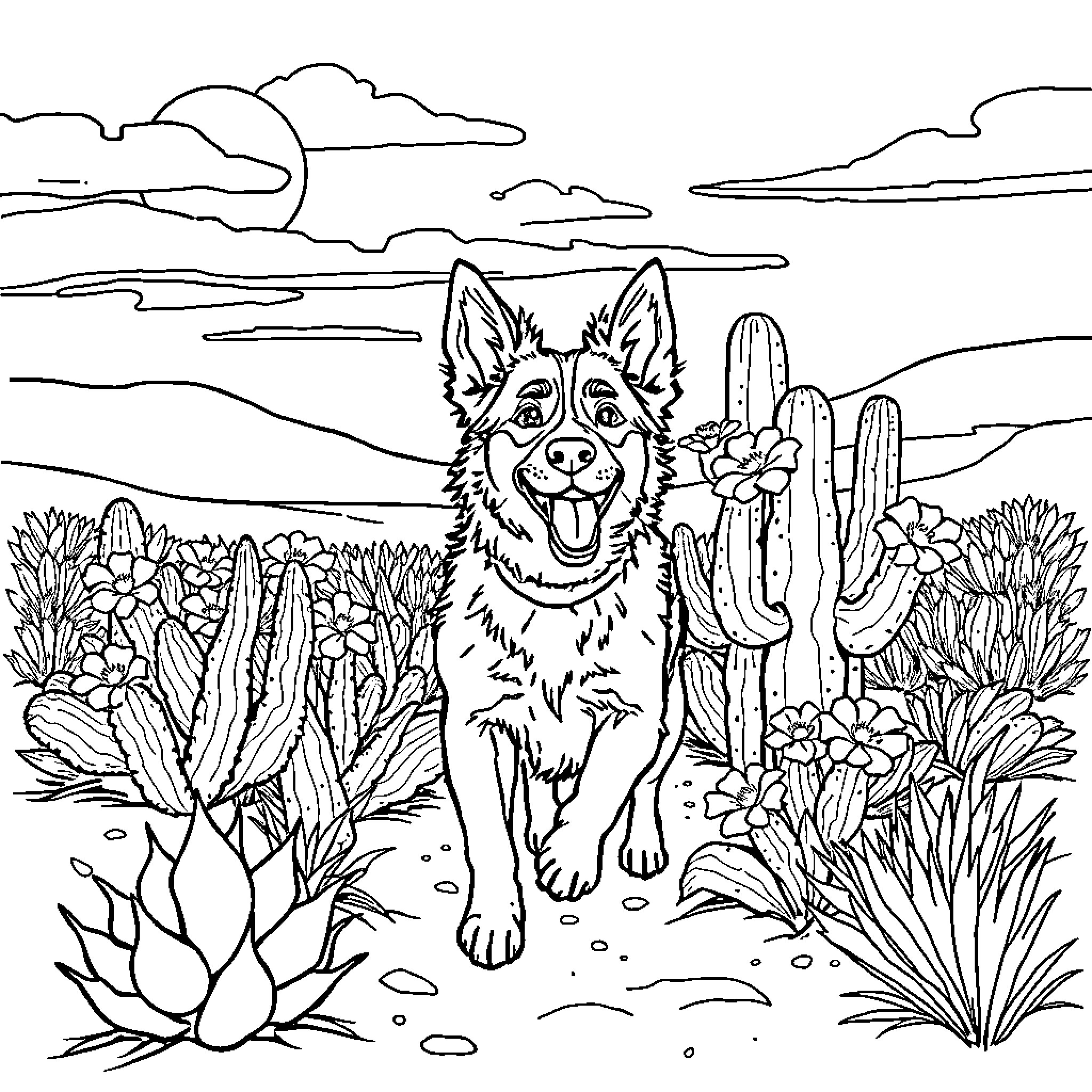 Chien enjoying desert landscape with cacti Coloring Page (free black-and-white line drawing printable PDF for all, from beginners to advanced learners, including children, teens, adults, and seniors)