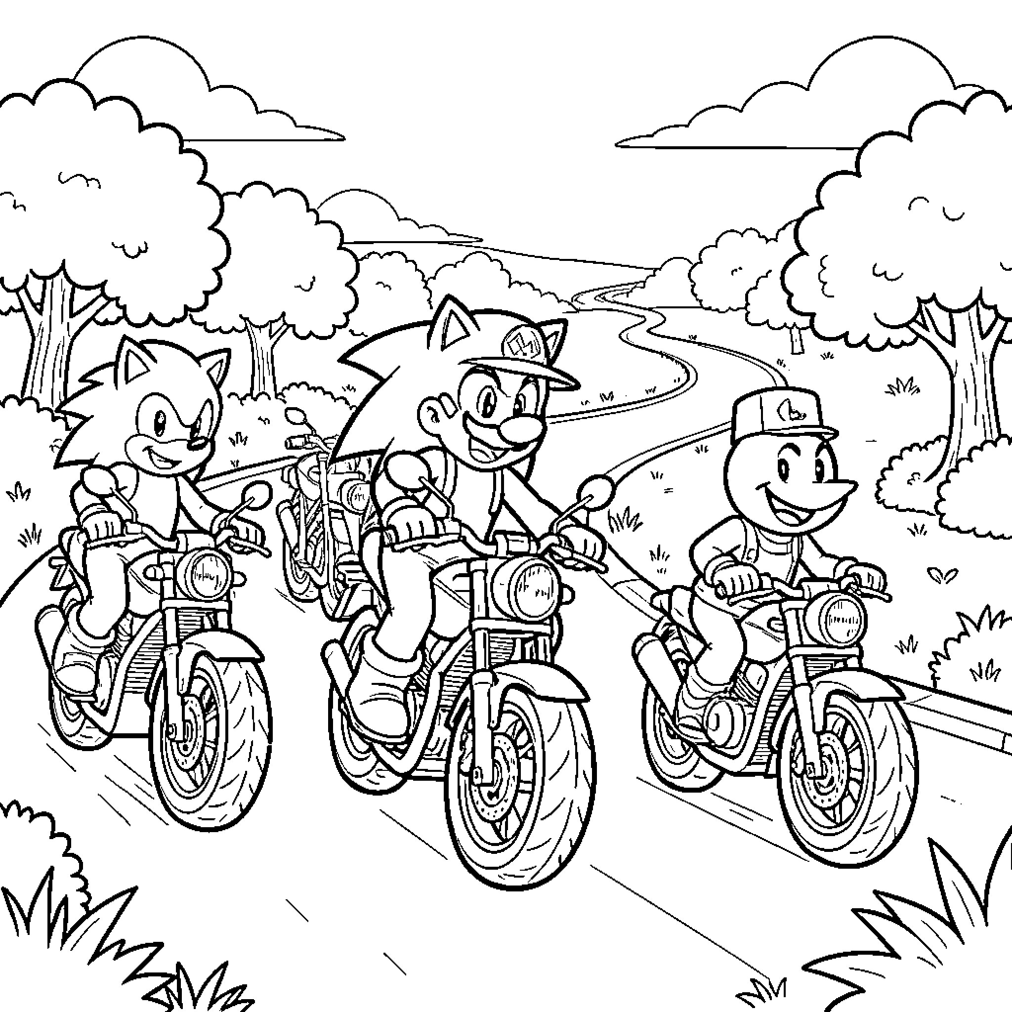Sonic and friends riding motorcycles on a winding road Coloring Page (free black-and-white line drawing printable PDF for all, from beginners to advanced learners, including children, teens, adults, and seniors)