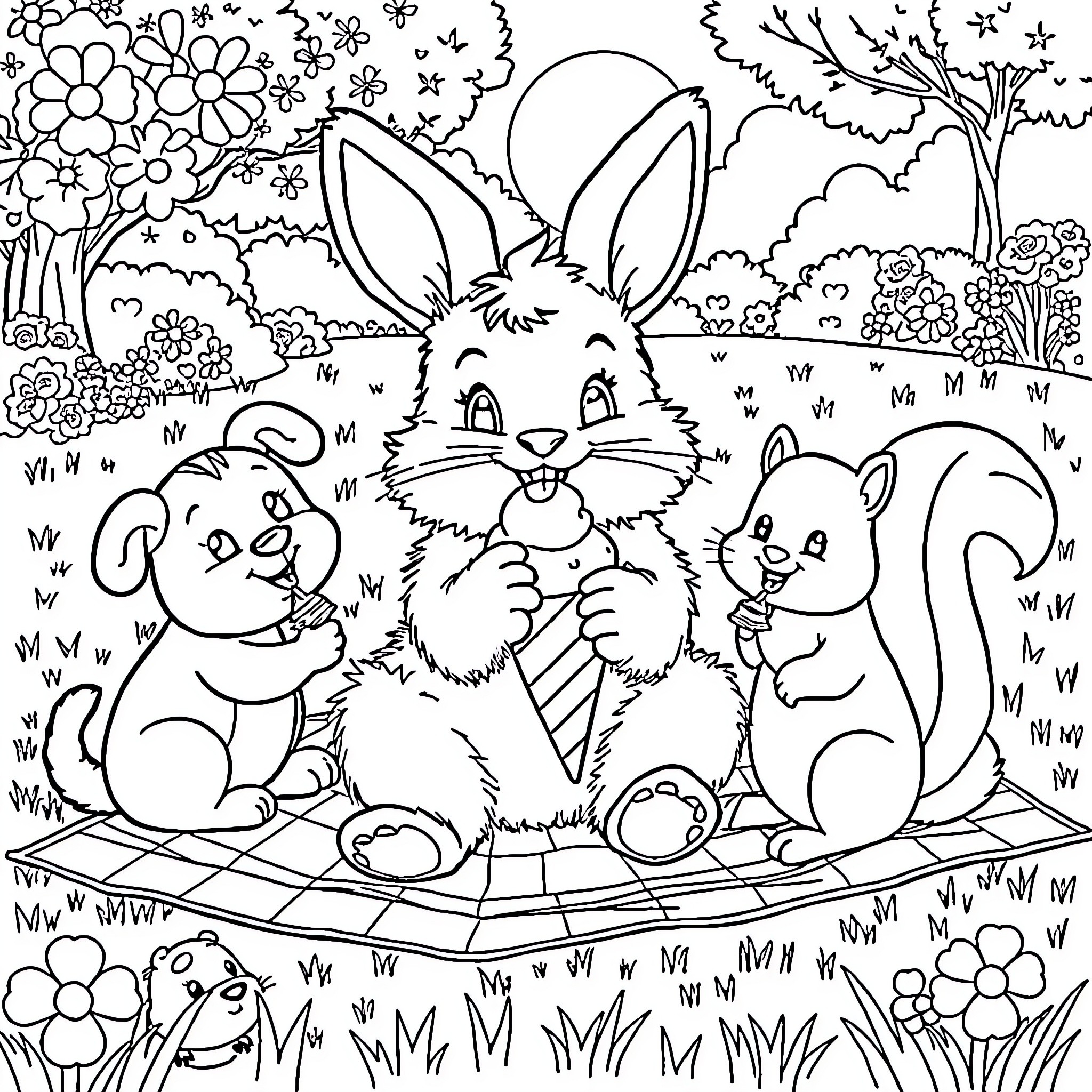 Bunny's Playful Picnic with Forest Friends Coloring Page (free black-and-white line drawing printable PDF for all, from beginners to advanced learners, including children, teens, adults, and seniors)