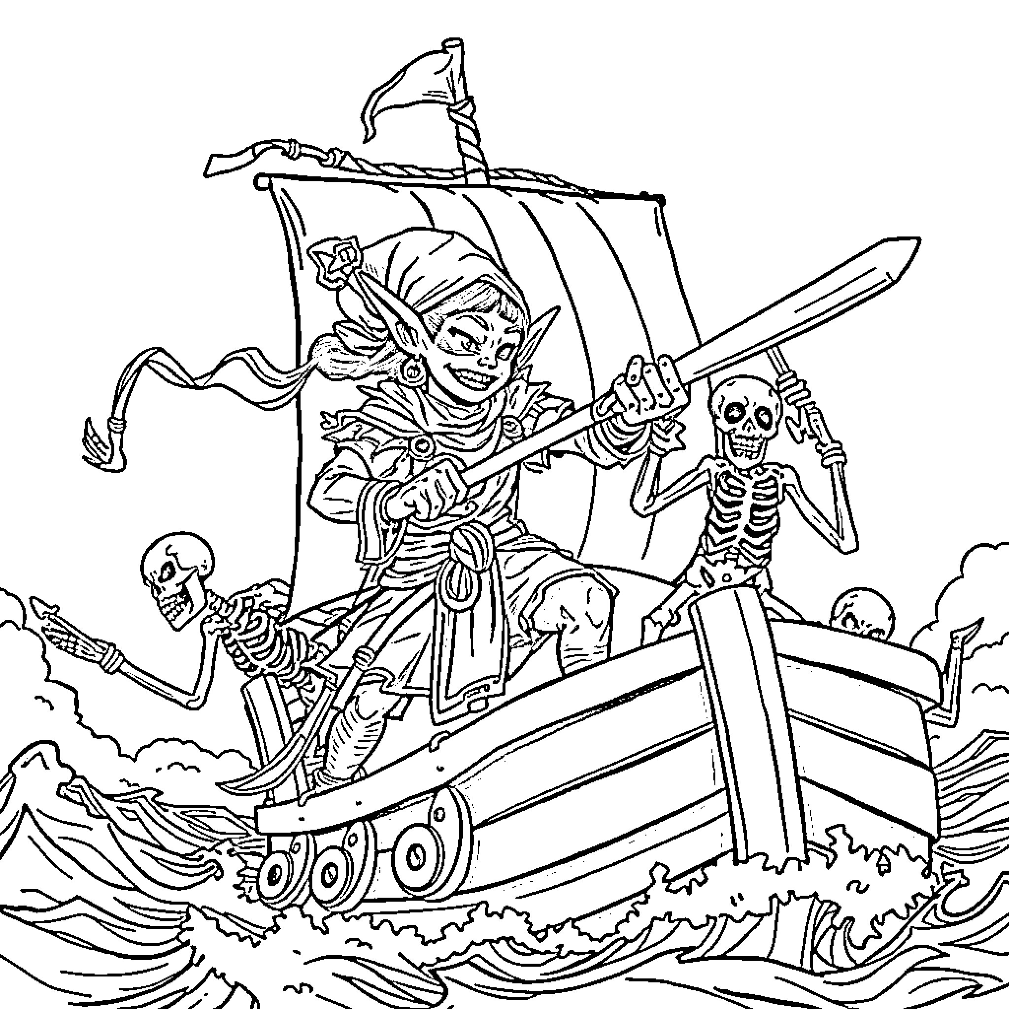 Goblin pirate captain commands a skeleton crew on a stormy sea Coloring Page (free black-and-white line drawing printable PDF for all, from beginners to advanced learners, including children, teens, adults, and seniors)