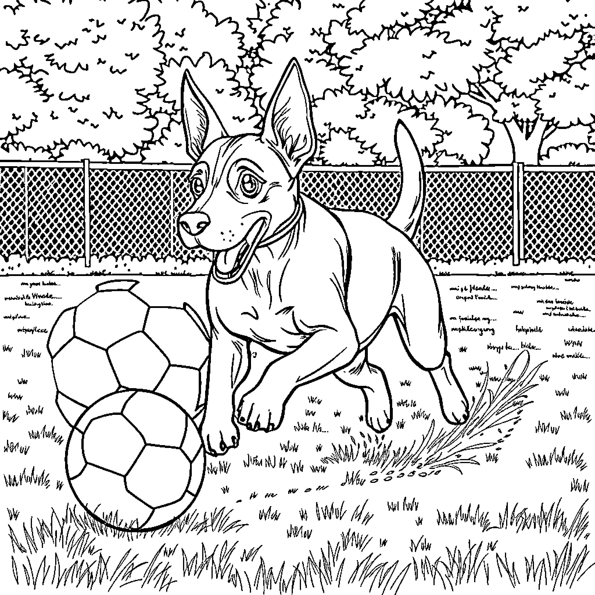 Perro jugando con pelota en parque Coloring Page (free black-and-white line drawing printable PDF for all, from beginners to advanced learners, including children, teens, adults, and seniors)