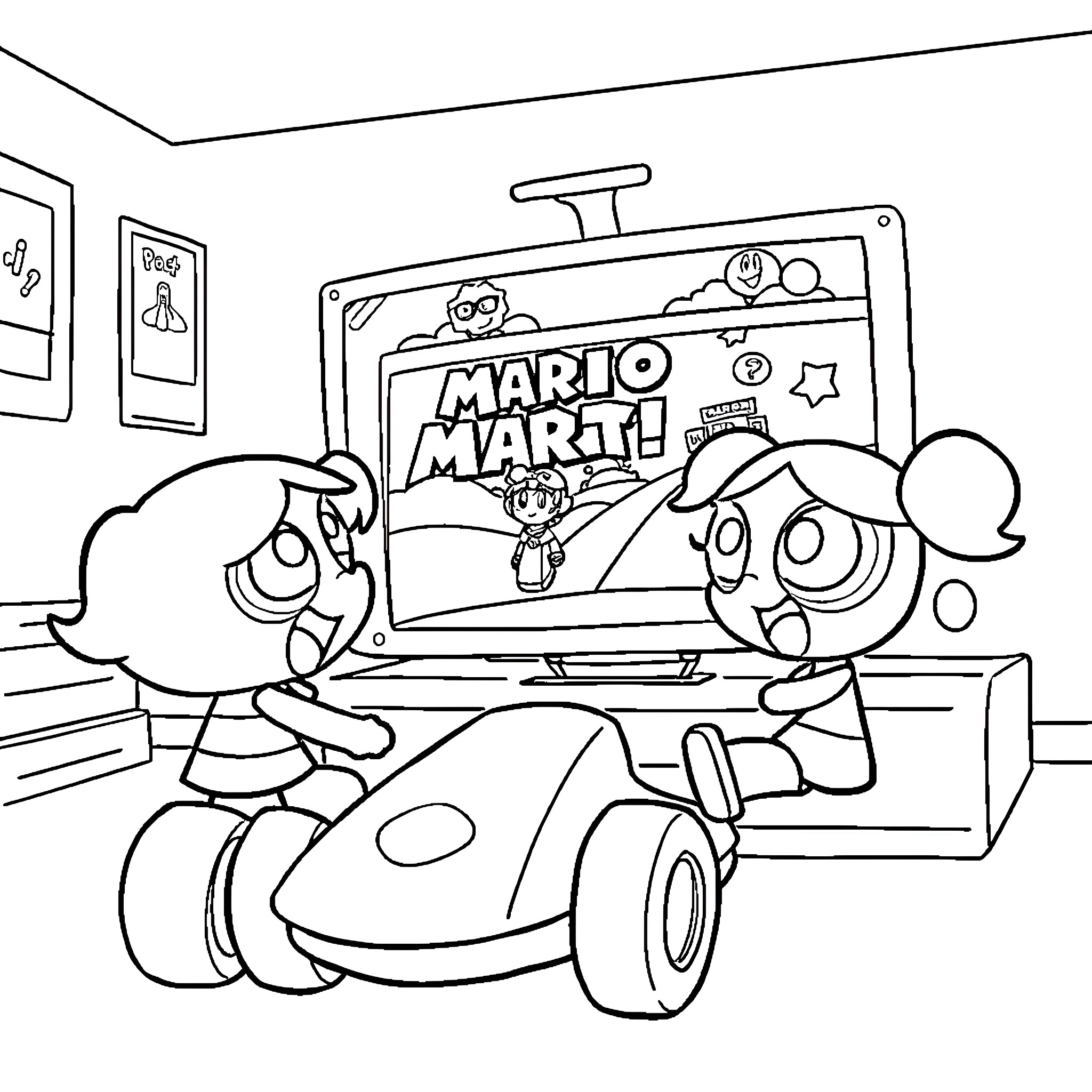 Powerpuff Girls playing video game with Joy Ride Coloring Page (free black-and-white line drawing printable PDF for all, from beginners to advanced learners, including children, teens, adults, and seniors)