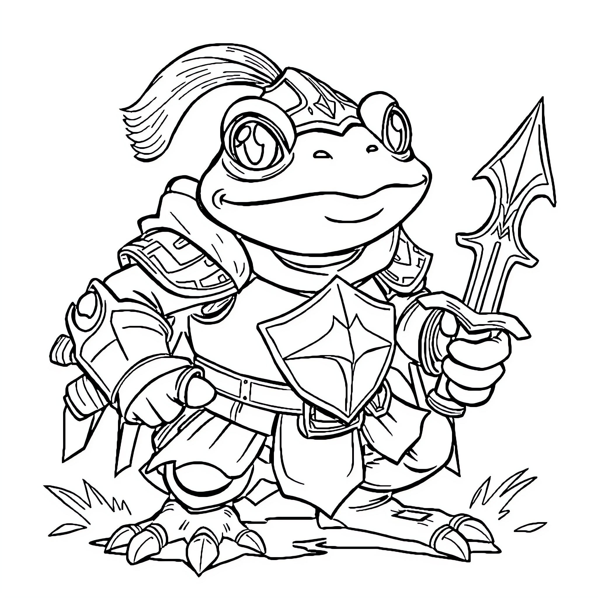 Frog Adventurer with Sword and Armor Coloring Page (free black-and-white line drawing printable PDF for all, from beginners to advanced learners, including children, teens, adults, and seniors)