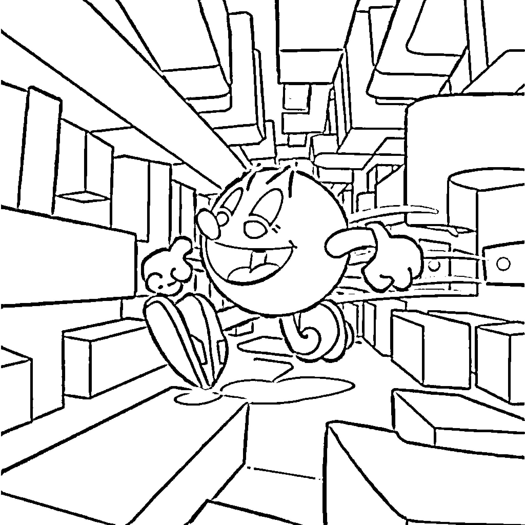 Pac-Man exploring a geometric, abstract maze Coloring Page (free black-and-white line drawing printable PDF for all, from beginners to advanced learners, including children, teens, adults, and seniors)