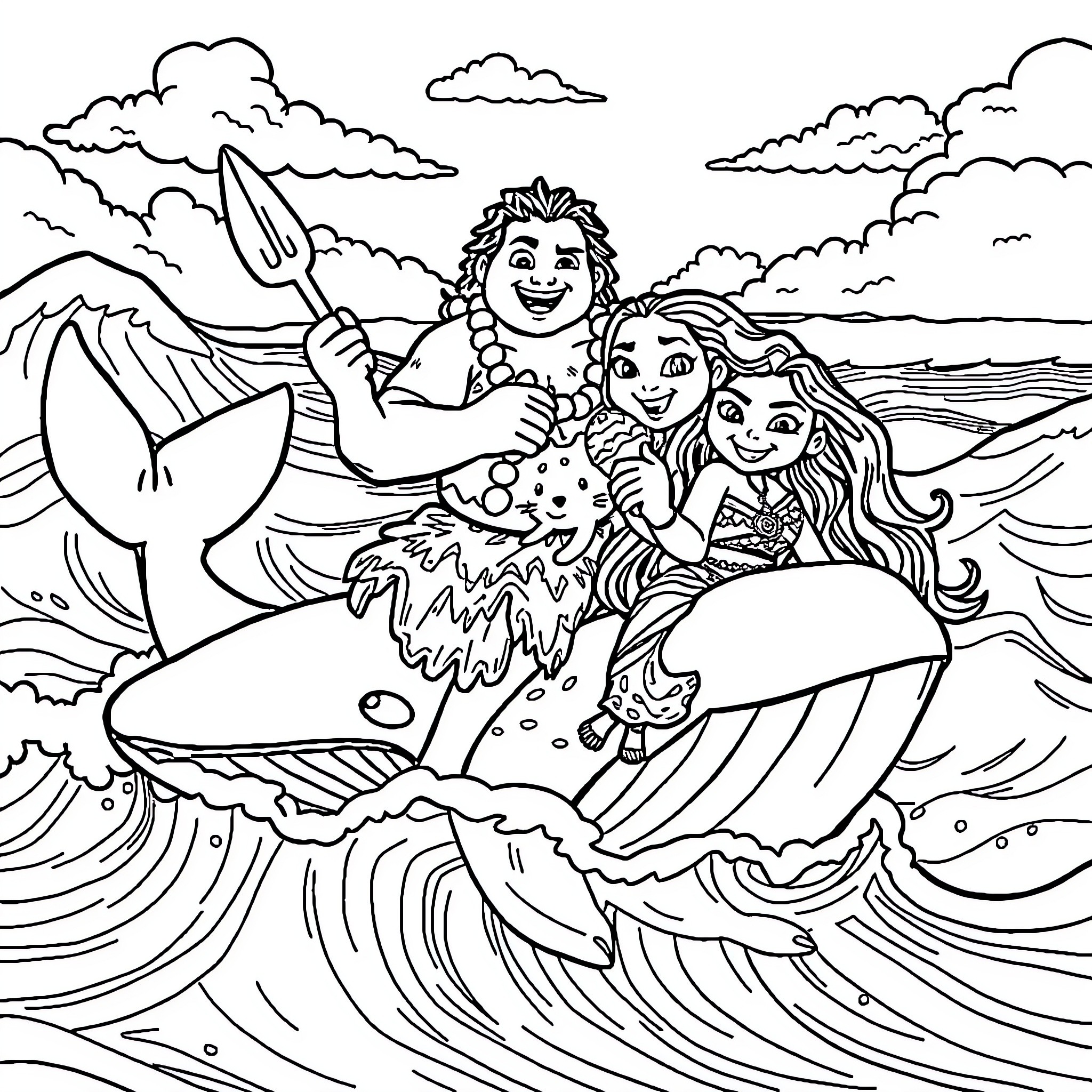 Maui and family enjoying the ocean waves Coloring Page (free black-and-white line drawing printable PDF for all, from beginners to advanced learners, including children, teens, adults, and seniors)