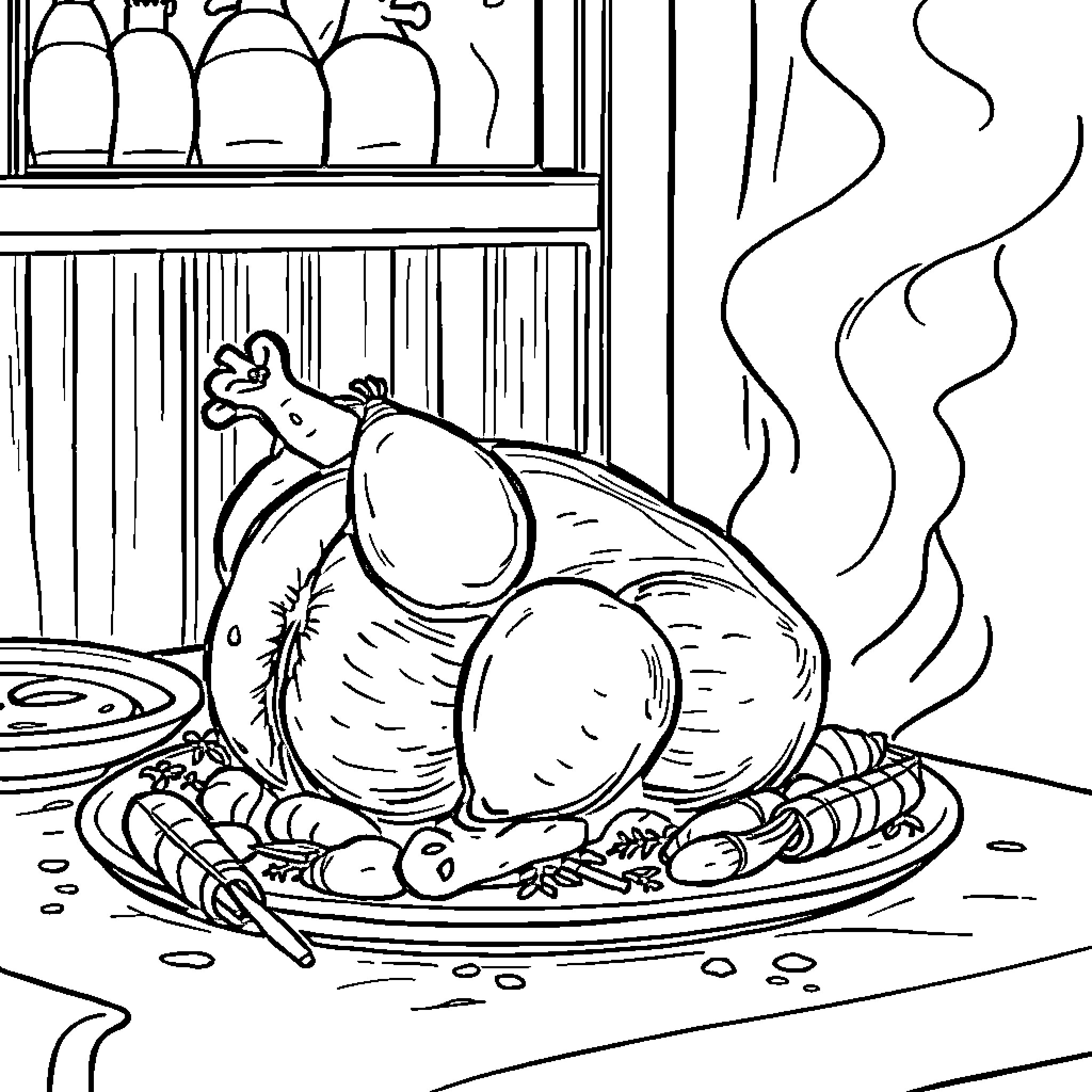 Chicken roasted and served on a plate Coloring Page (free black-and-white line drawing printable PDF for all, from beginners to advanced learners, including children, teens, adults, and seniors)